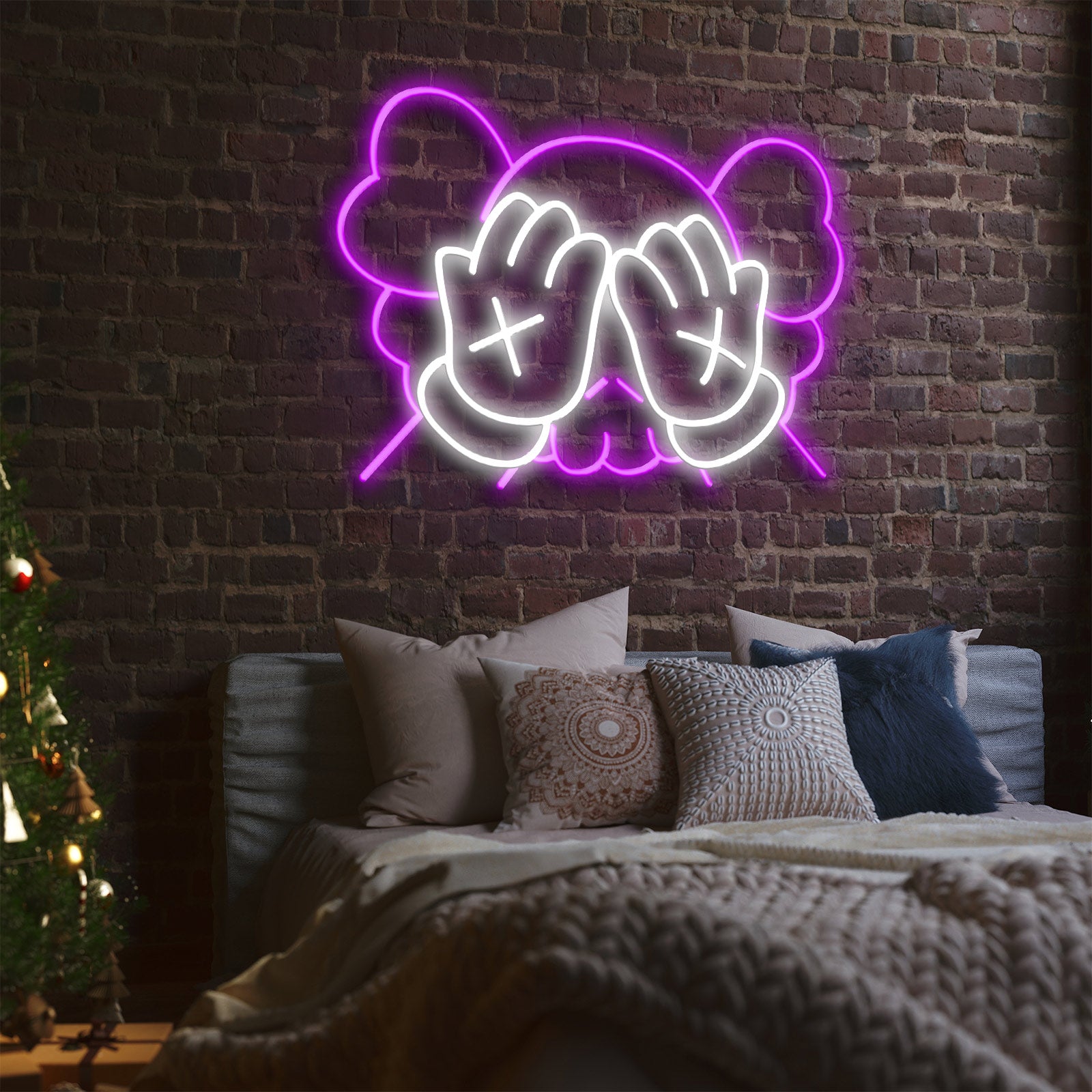 Insegna al neon con mani ispirate a KAWS per spazi d'arte moderna e studi