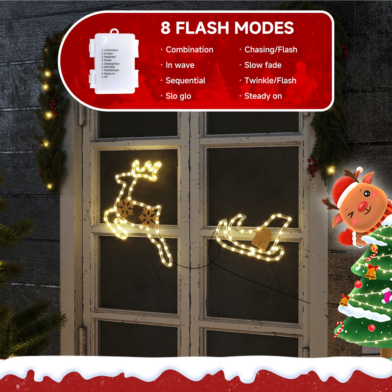 Quntis Luzes de Janela de Natal – Conjunto de 2 Renas de Acrílico a Puxar um Trenó, Decoração Interior/Exterior Alimentada a Bateria com 95 Pérolas LED Brilhantes