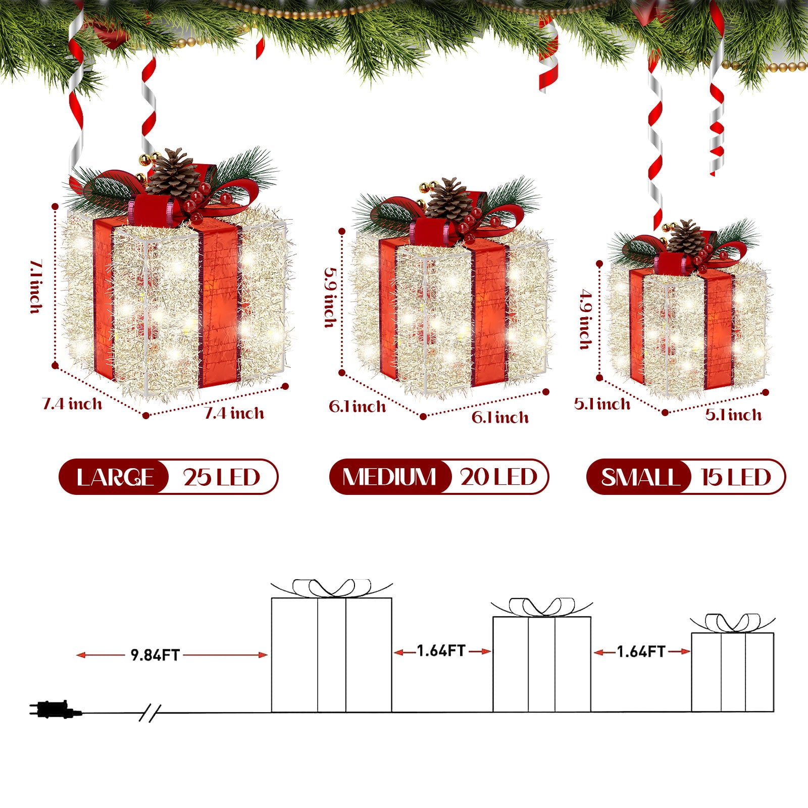 Decorações de Caixas Iluminadas de Natal, Quntis 8 Modos 3 Caixas Iluminadas com Plugue, Laços, Pinhas, Caixas de Presente Decorações de Natal para Árvore de Natal Interior/Exterior