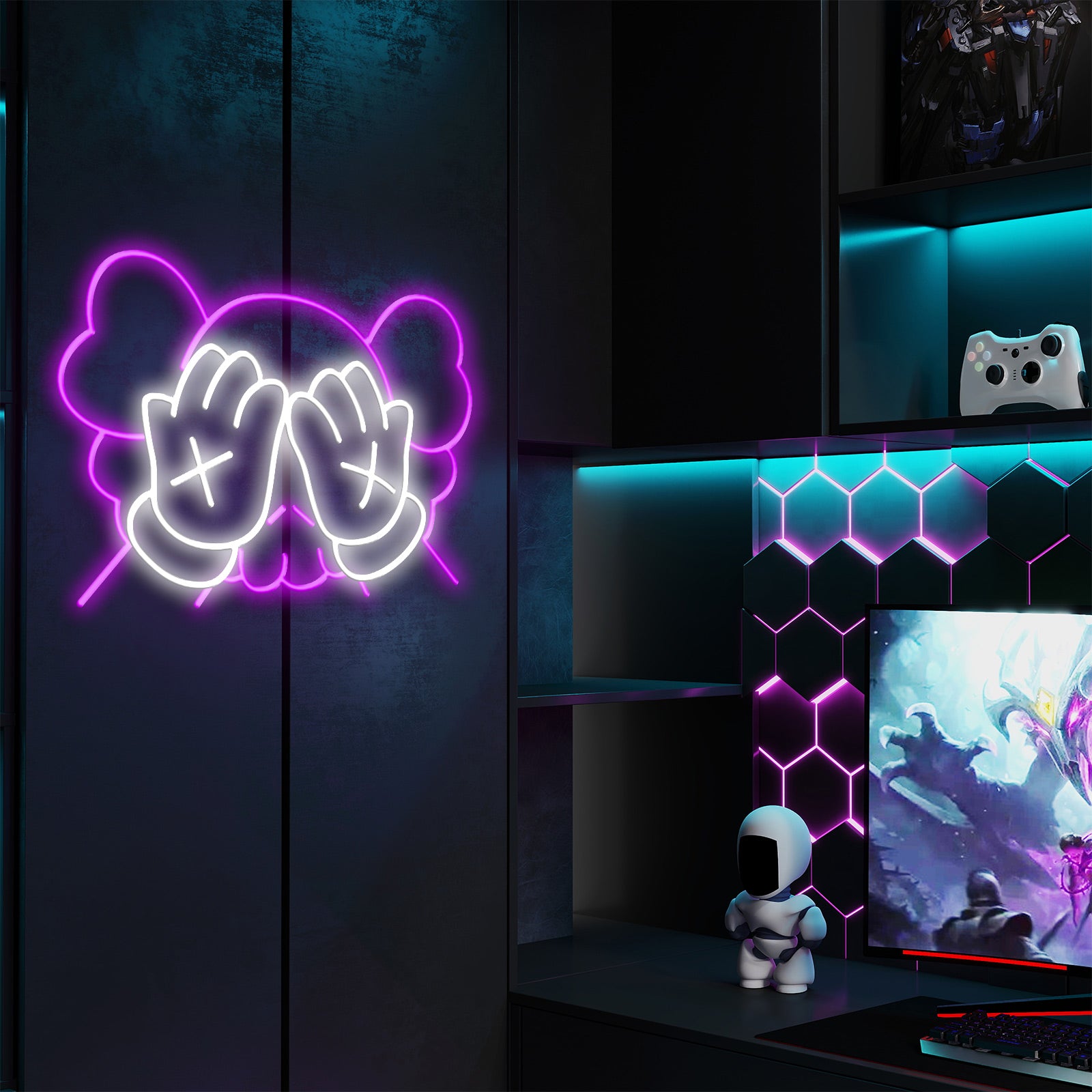 Insegna al neon con mani ispirate a KAWS per spazi d'arte moderna e studi