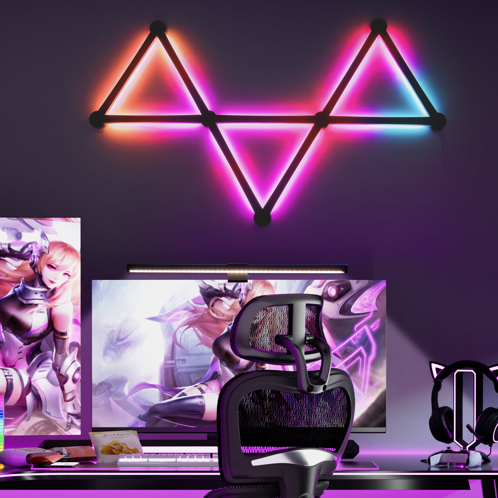 Smart RGB Gaming Light Combo – 9 LinesGlide Wall Light Bars + Eye-Caring Desk Lamp, RGBIC LED Sync Lights for Bedroom, Gaming Setup, Workstation