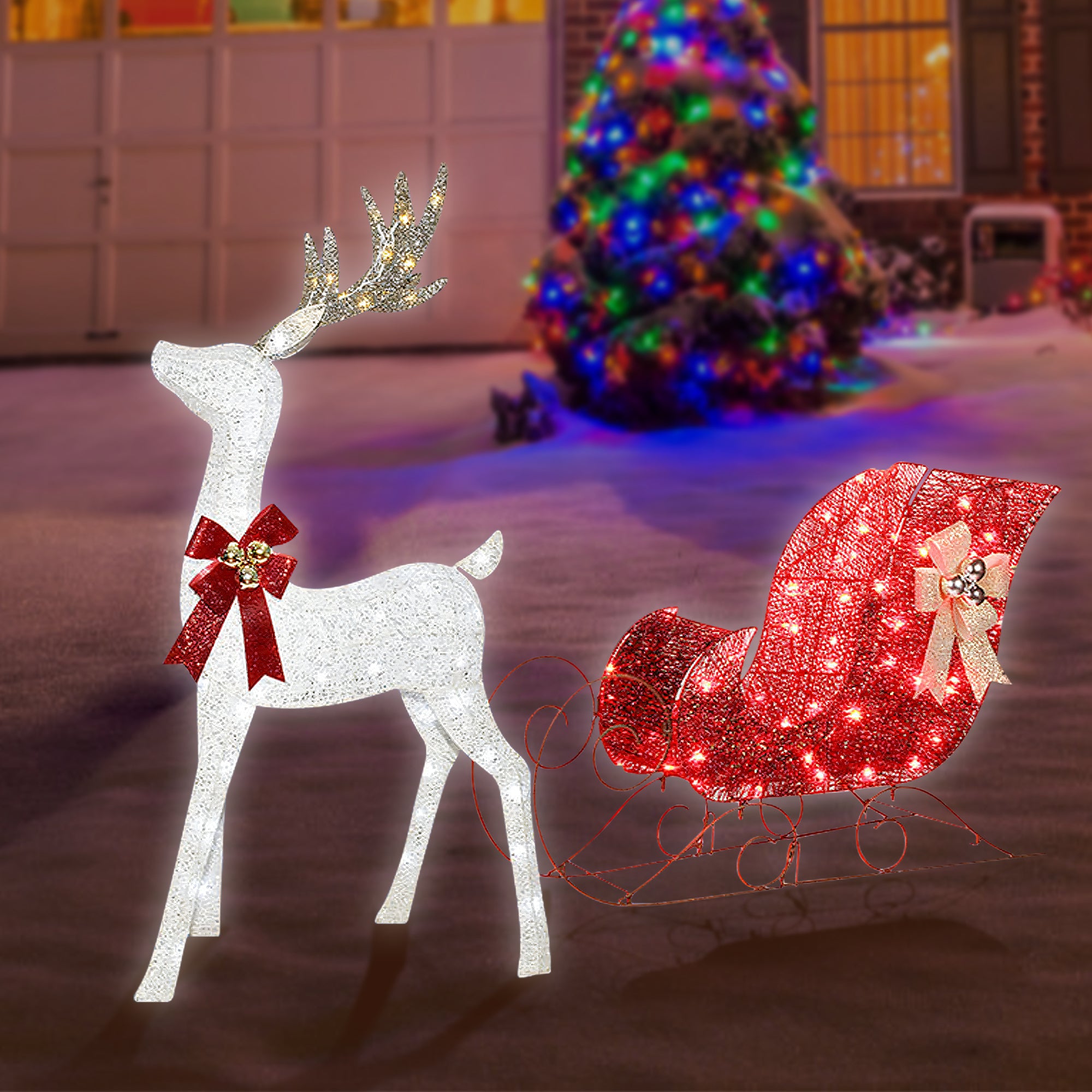 Conjunto de Rena e Trenó Iluminados de Natal – Decoração LED para Exibições Festivas no Jardim e Cenas de Maravilha de Férias
