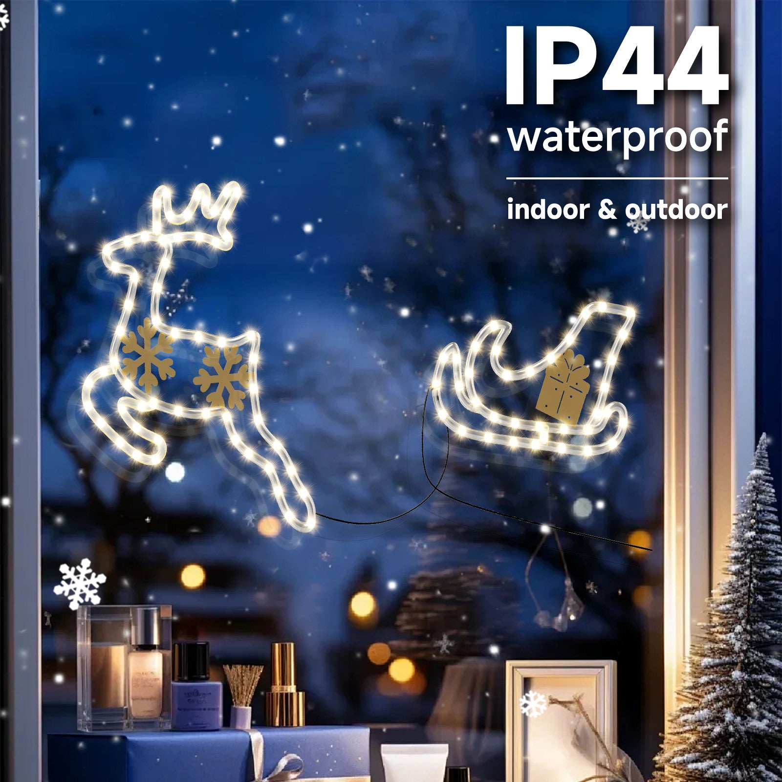 Quntis Luzes de Janela de Natal – Conjunto de 2 Renas de Acrílico a Puxar um Trenó, Decoração Interior/Exterior Alimentada a Bateria com 95 Pérolas LED Brilhantes