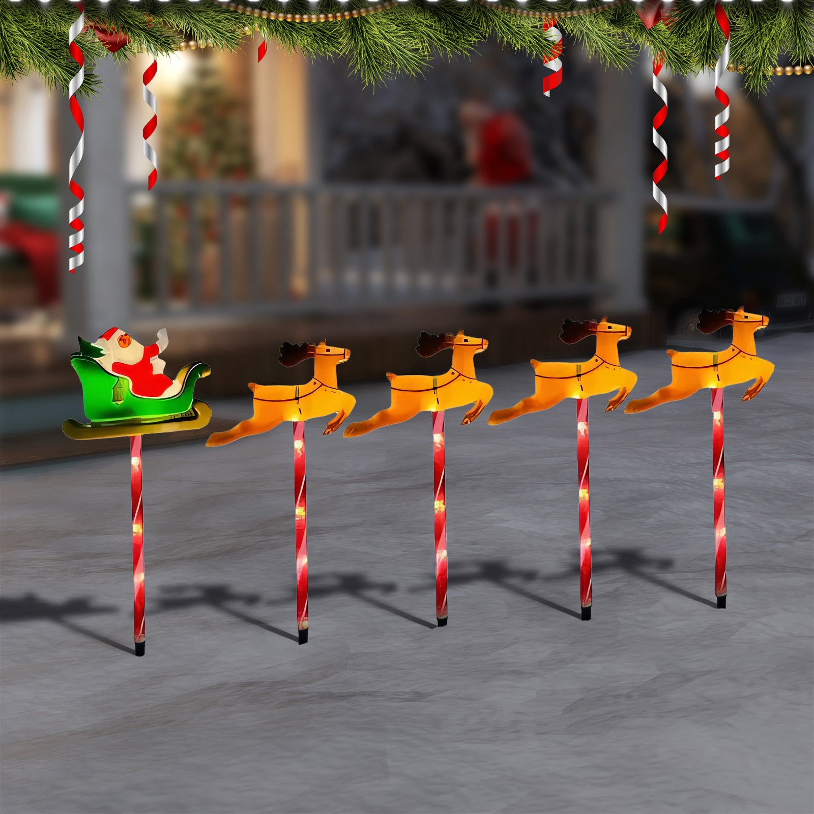 Luzes de Estaca de Natal com Rena e Trenó do Pai Natal em LED Solar – Decoração Festiva para Jardim e Quintal