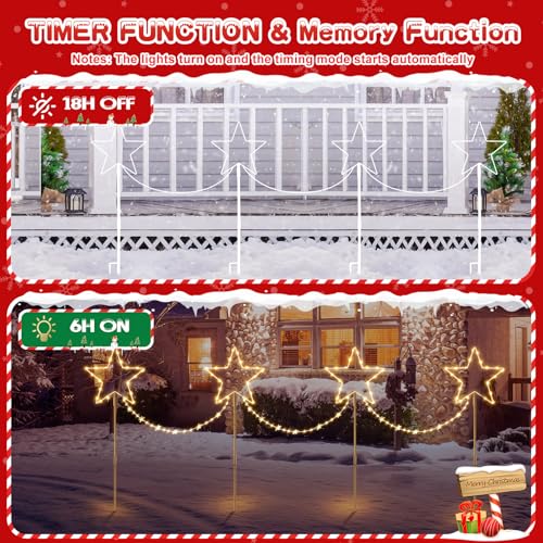 Quntis Conjunto de 4 Luzes LED de Natal para Caminhos, Estacas de Jardim em Forma de Estrela com Mudança de Cor, Alimentadas a Bateria com 8 Modos e Temporizador, IP65 à Prova de Água para Decoração de Jardim no Natal