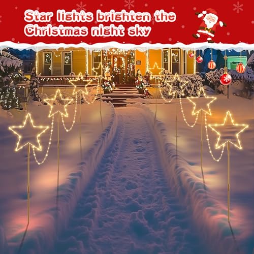 Quntis Conjunto de 4 Luzes LED de Natal para Caminhos, Estacas de Jardim em Forma de Estrela com Mudança de Cor, Alimentadas a Bateria com 8 Modos e Temporizador, IP65 à Prova de Água para Decoração de Jardim no Natal