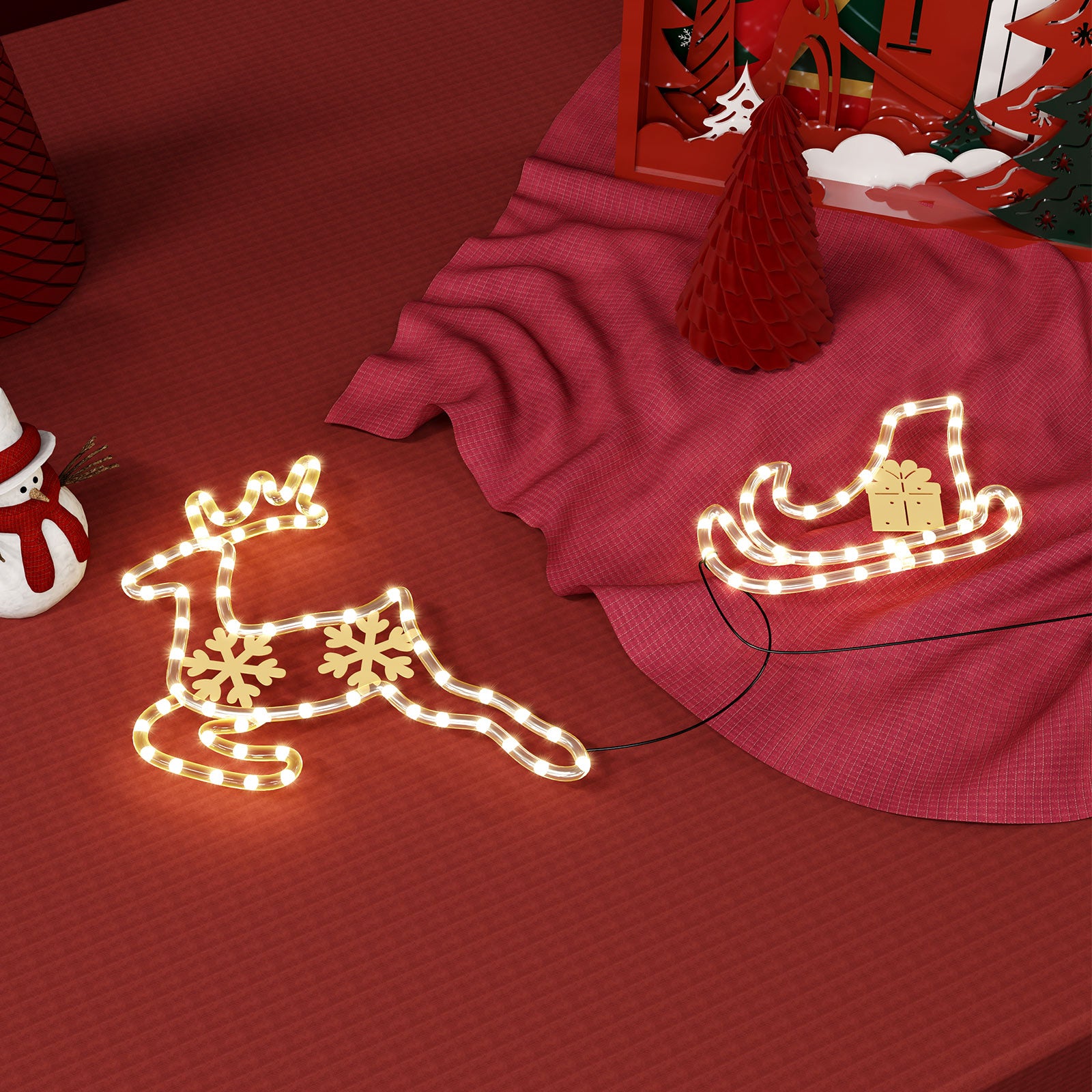 Quntis Luzes de Janela de Natal – Conjunto de 2 Renas de Acrílico a Puxar um Trenó, Decoração Interior/Exterior Alimentada a Bateria com 95 Pérolas LED Brilhantes
