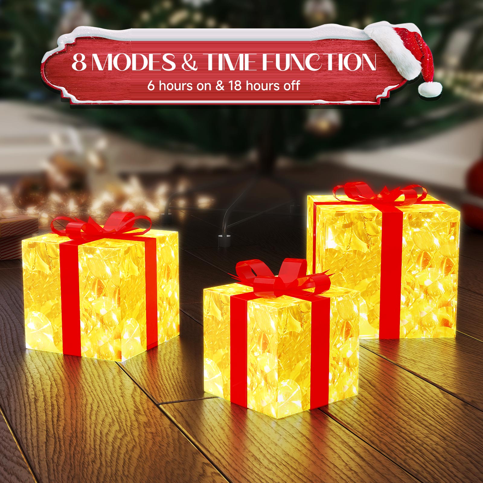Quntis Scatole Regalo Natalizie Illuminati – Set di 3 con 60 LED Super Luminosi, 8 Modalità e Timer, Decorazione Trasparente con Fiocchi, Alimentazione per Decorazioni Festive