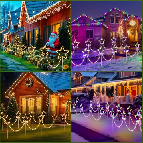 Quntis Conjunto de 4 Luzes LED de Natal para Caminhos, Estacas de Jardim em Forma de Estrela com Mudança de Cor, Alimentadas a Bateria com 8 Modos e Temporizador, IP65 à Prova de Água para Decoração de Jardim no Natal