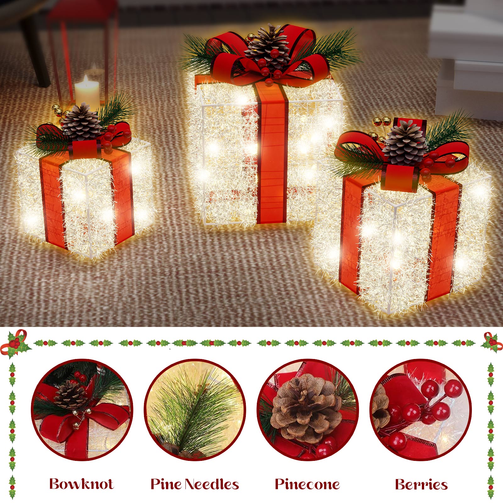 Decorações de Caixas Iluminadas de Natal, Quntis 8 Modos 3 Caixas Iluminadas com Plugue, Laços, Pinhas, Caixas de Presente Decorações de Natal para Árvore de Natal Interior/Exterior