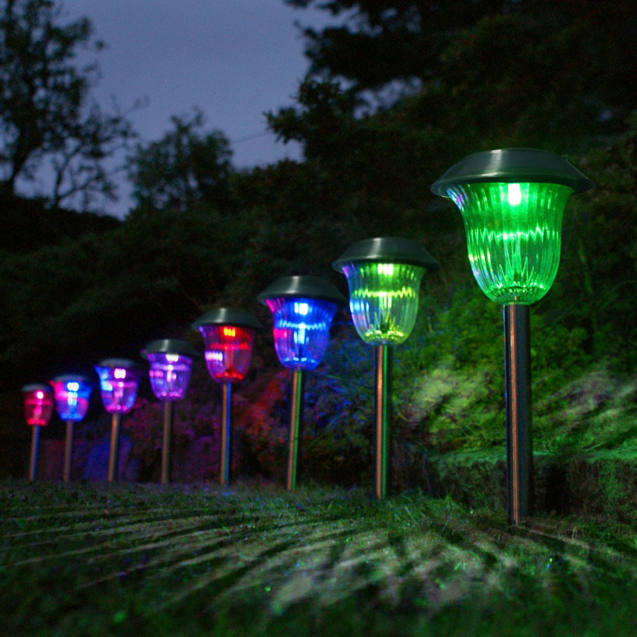 Luzes de Chão LED Solar – Luzes Coloridas de Aço Inoxidável para Jardim e Caminhos Exteriores