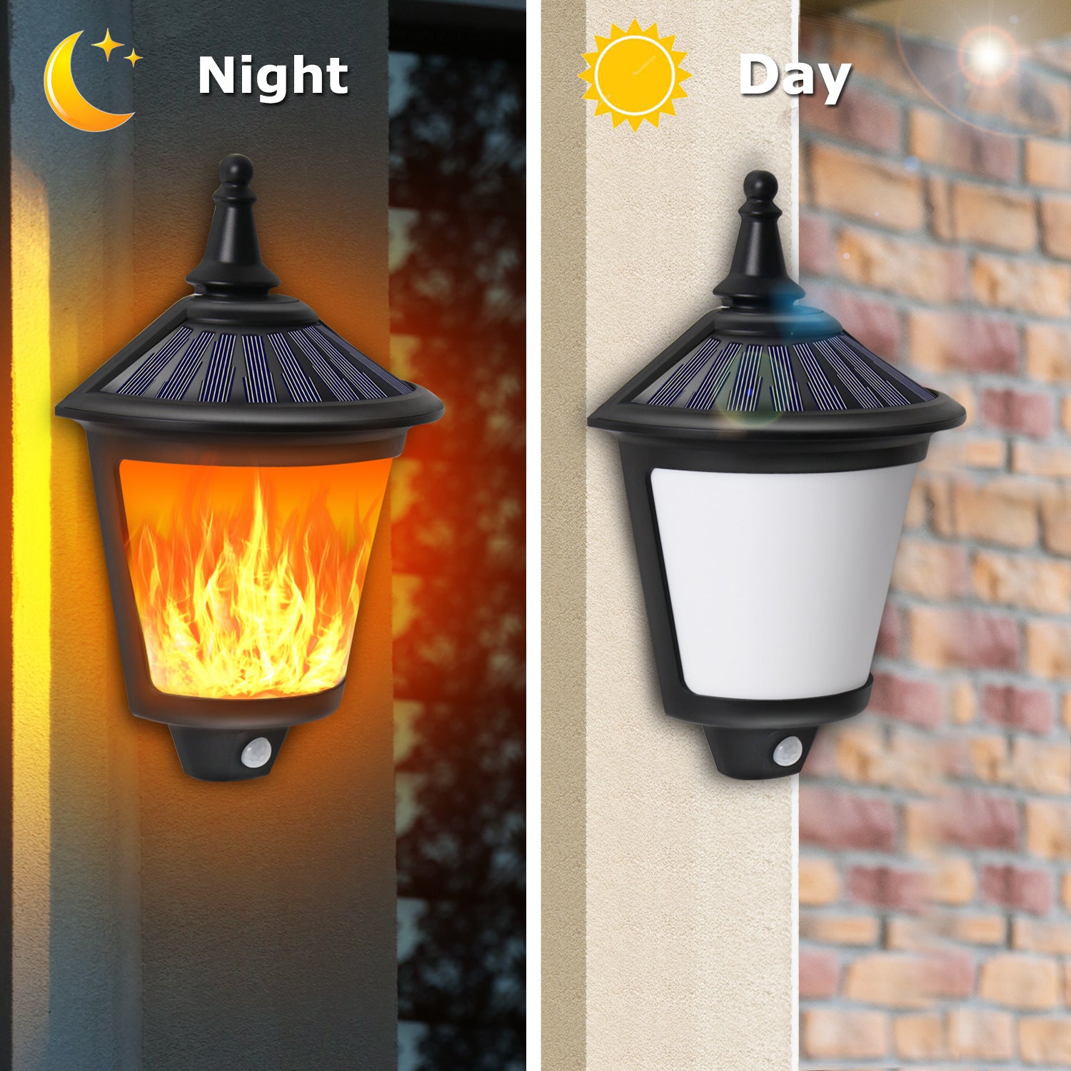 Solar Wall Light with Flame Effect | 86 LED, Motion Sensor, Auto Switch White Light & Flickering Flame, IP65 Waterproof Outdoor Decorative Light for Garden, Patio, Pathway