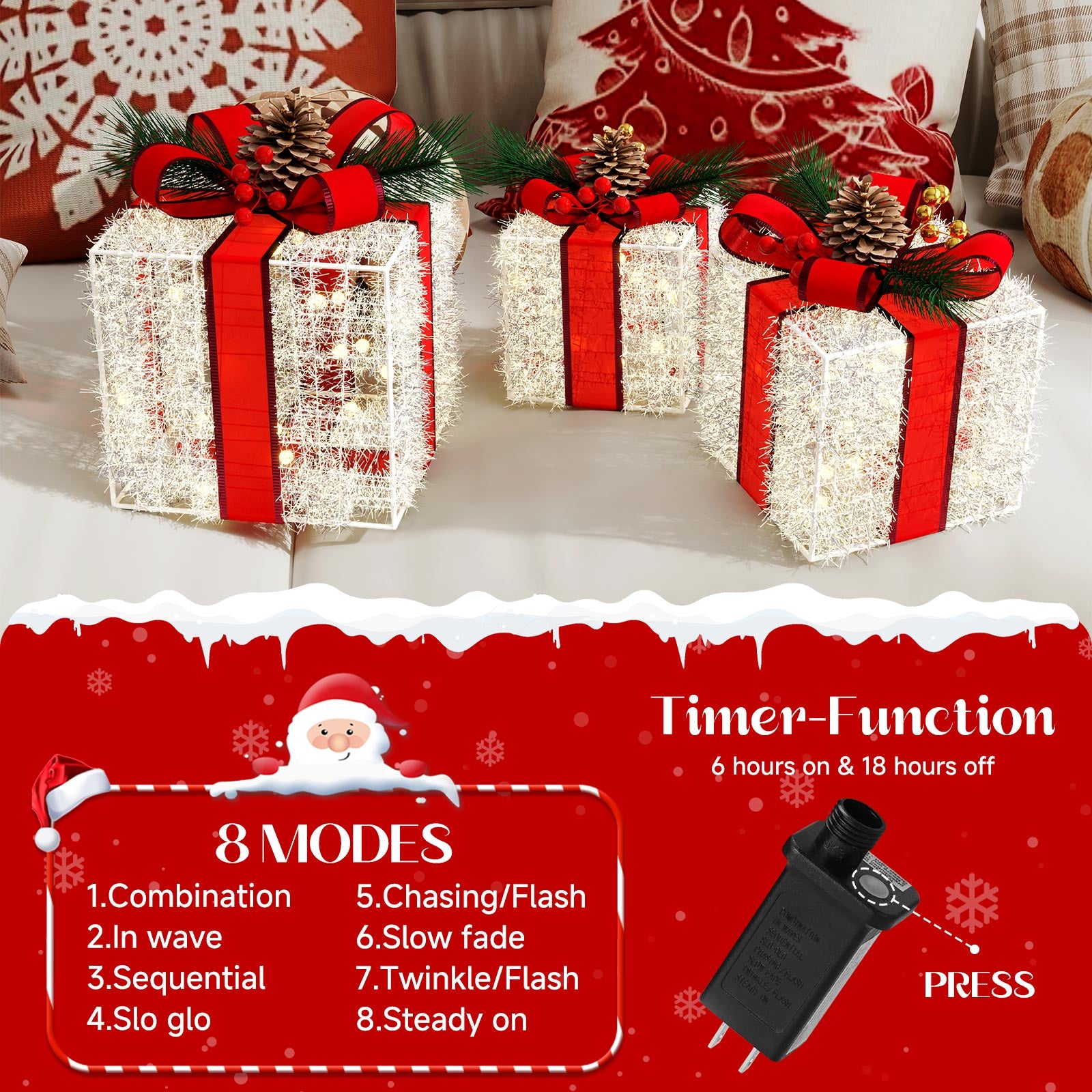 Decorações de Caixas Iluminadas de Natal, Quntis 8 Modos 3 Caixas Iluminadas com Plugue, Laços, Pinhas, Caixas de Presente Decorações de Natal para Árvore de Natal Interior/Exterior