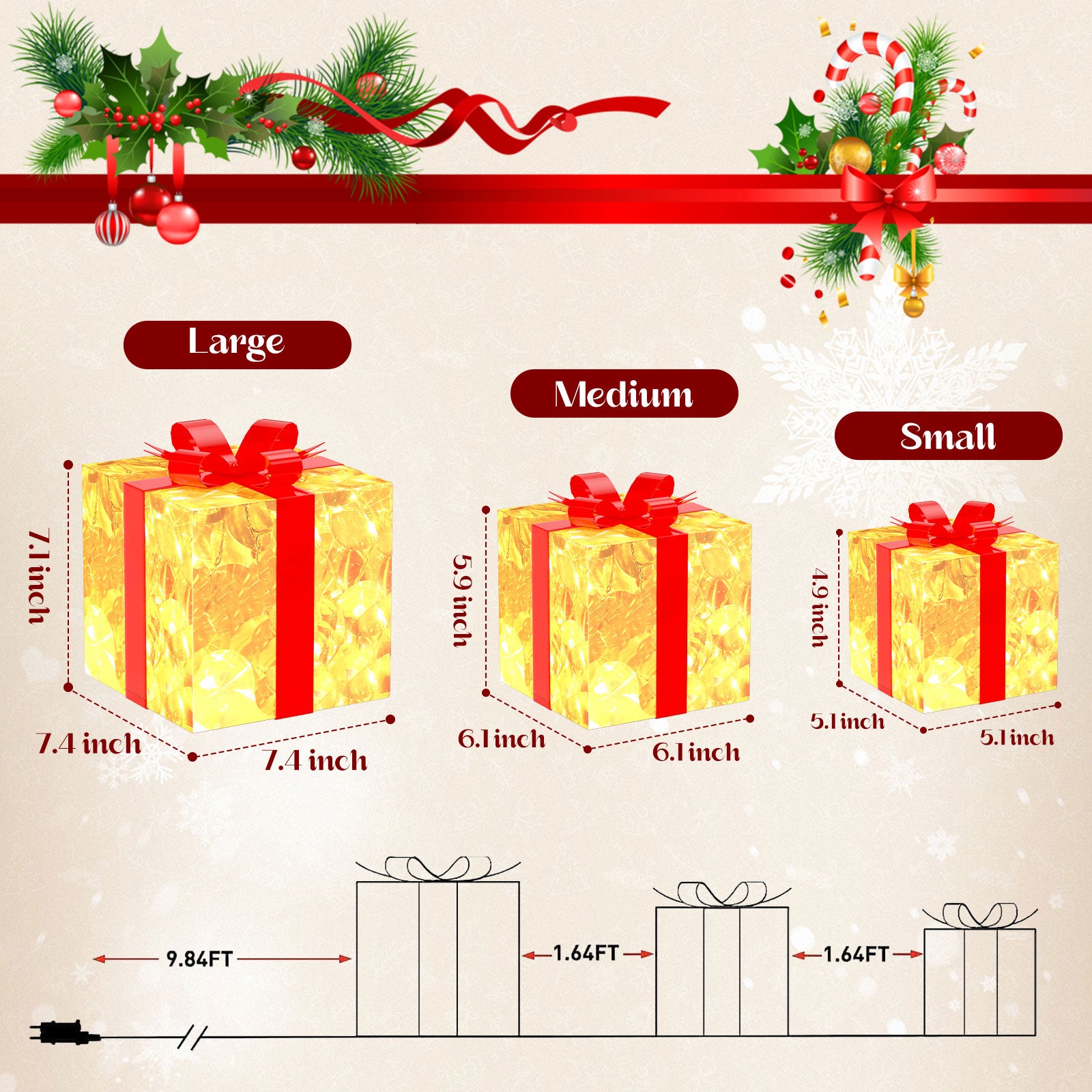Quntis Scatole Regalo Natalizie Illuminati – Set di 3 con 60 LED Super Luminosi, 8 Modalità e Timer, Decorazione Trasparente con Fiocchi, Alimentazione per Decorazioni Festive