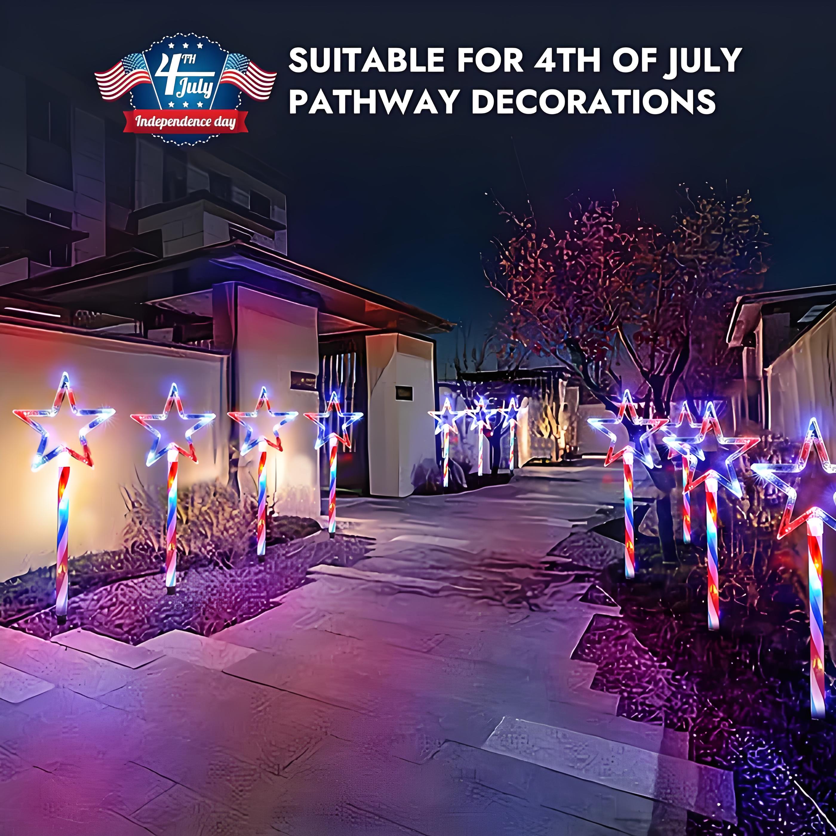 Conjunto de 4 Luzes de Caminho Solares Patrióticas – Decorações Exteriores em Estrela Vermelha, Branca e Azul com Estacas à Prova de Água, 8 Modos de Iluminação para o 4 de Julho e Natal