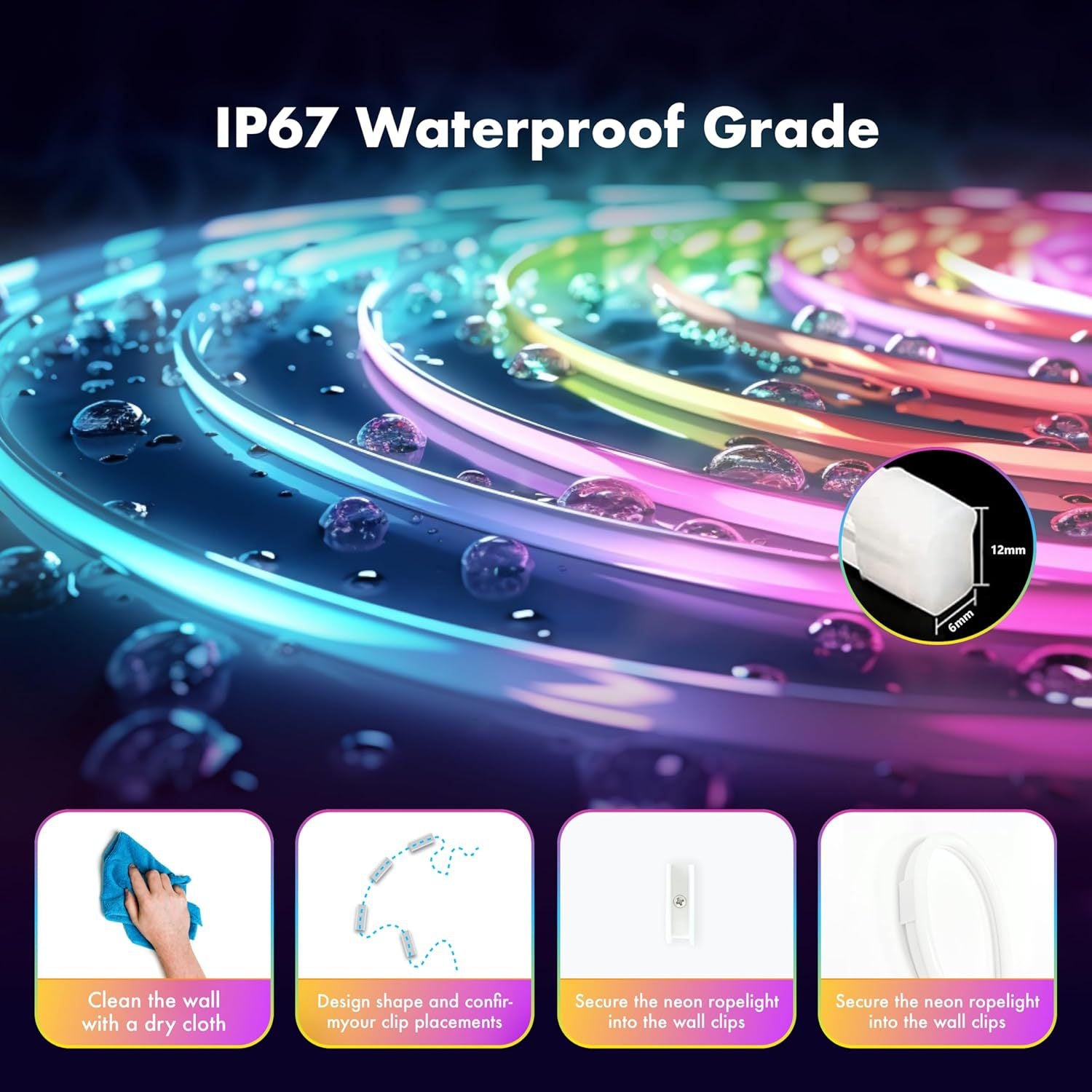 Strisce LED Neon Impermeabili – Kit di Luci a Bassa Tensione con Controllo Musicale APP Bluetooth