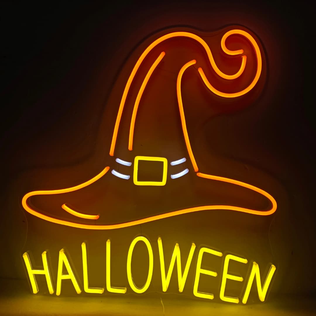 'Sinal de Neon HALLOWEEN Design de Chapéu de Bruxa Assustador Brilho Festivo e Construção Durável para Decoração Sazonal Encantadora'