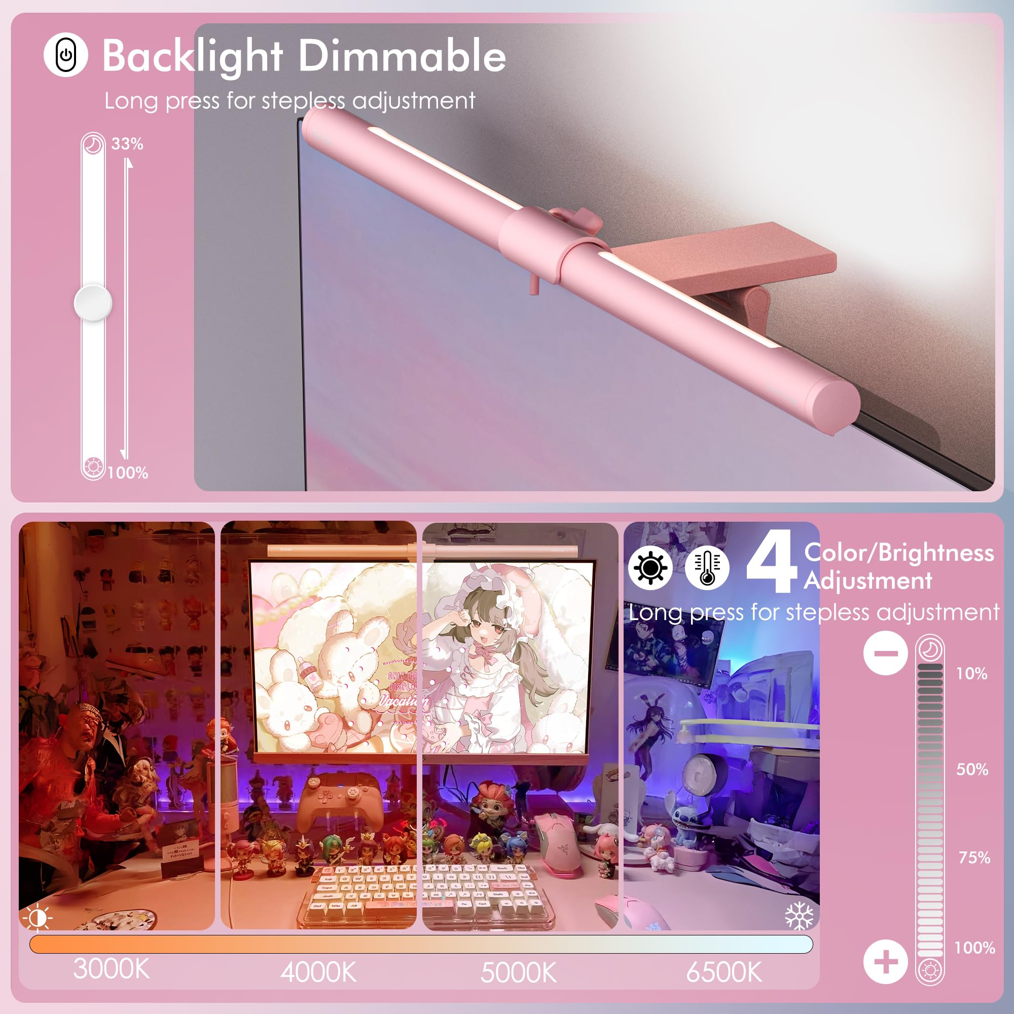 Quntis Pink Monitor Light Bar with Remote, Eye-Care No Glare, Space Saving Computer Desk Lamp As Gifts for Girls, Stepless Dimming, Modern Aesthetic Desk Light Bar for Home Office Gaming Reading(15.7Inch)