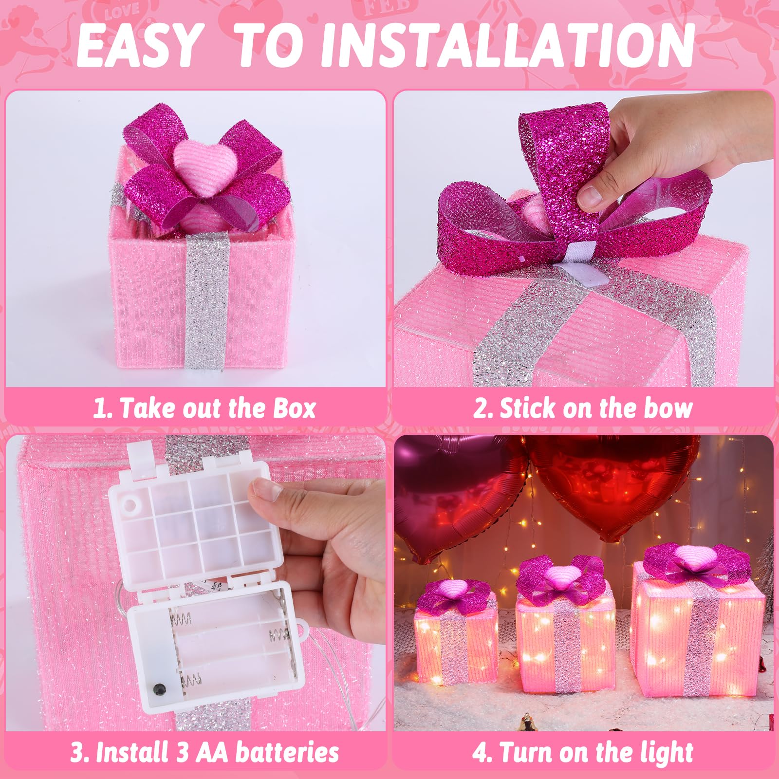 Scatole regalo illuminate rosa a 3 pezzi con accenti a forma di cuore per San Valentino e Festa della Mamma, set di regali di Natale in ferro luminoso con fiocco, funzionante a batterie AA (batterie non incluse)