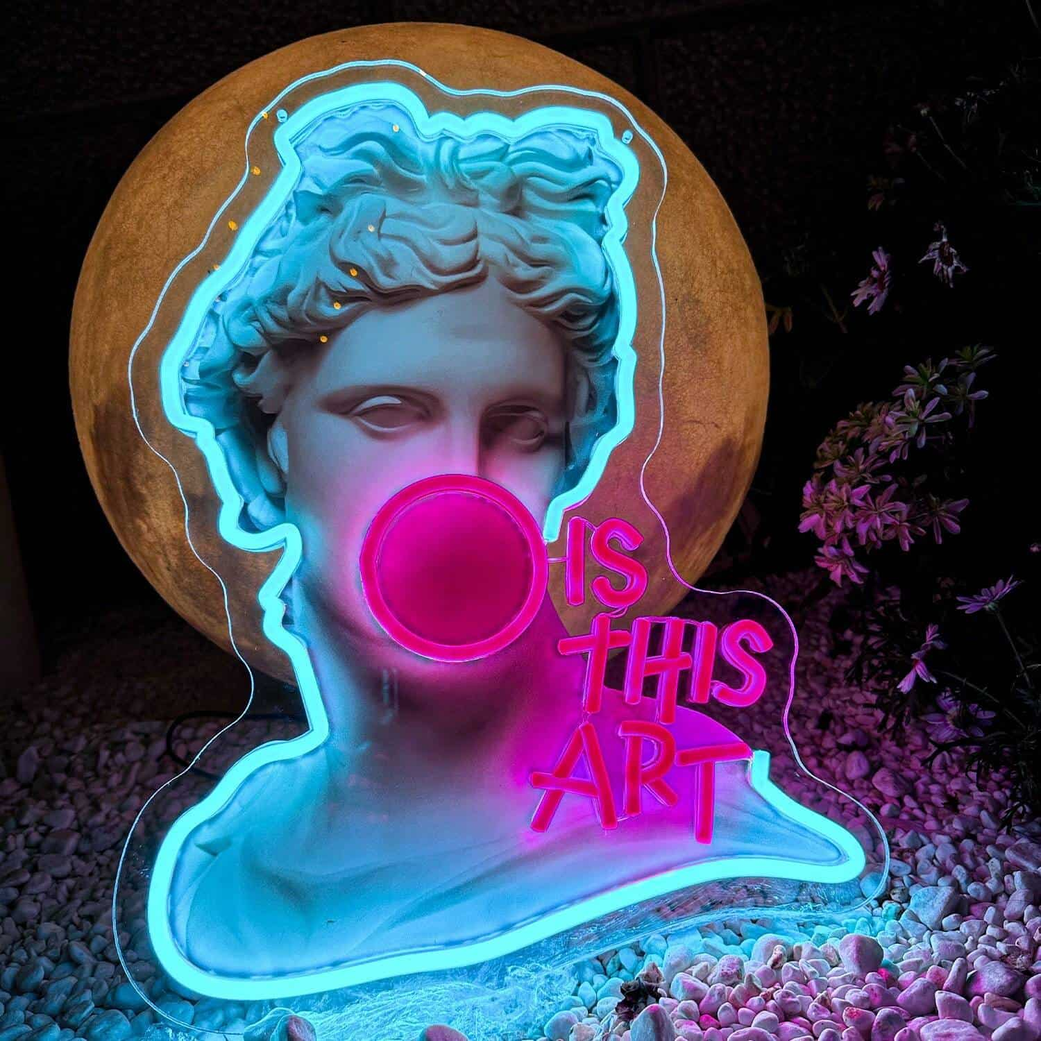 Contemporary Art Neon Sign, Classical Bust with Bubblegum and 'Is This Art'