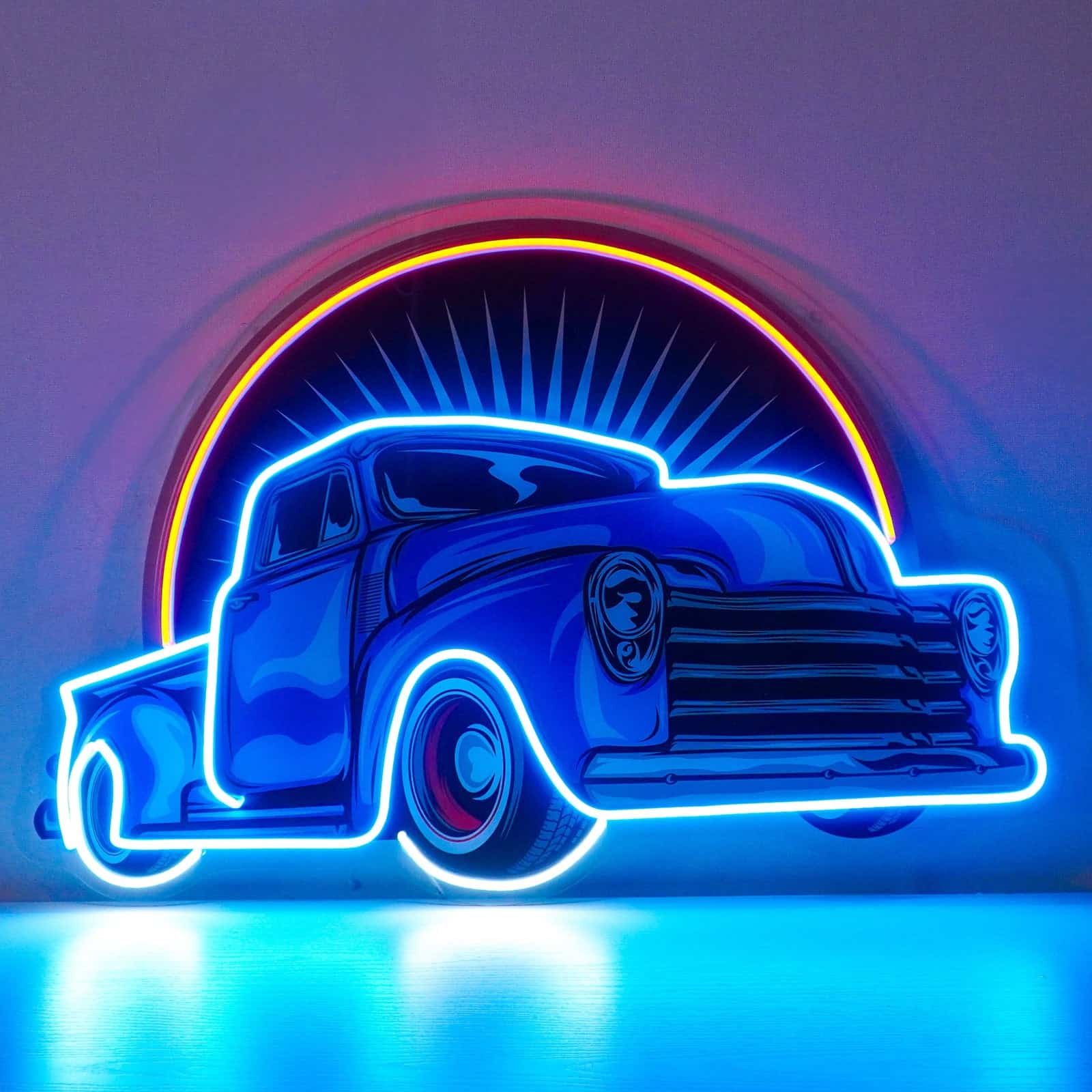 Retro Blue Truck Neon Sign, Classic Sunburst Backdrop – Perfect for Garages, Man Caves, Bars, and Living Rooms