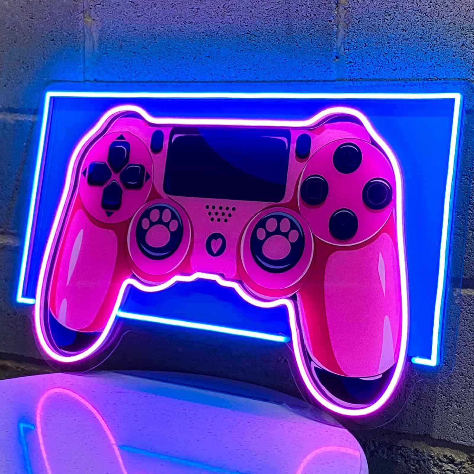 Playful Gaming Neon Sign Pink Controller with Paw Print, Perfect for Gaming Rooms, Entertainment Areas, and Gamer Setups