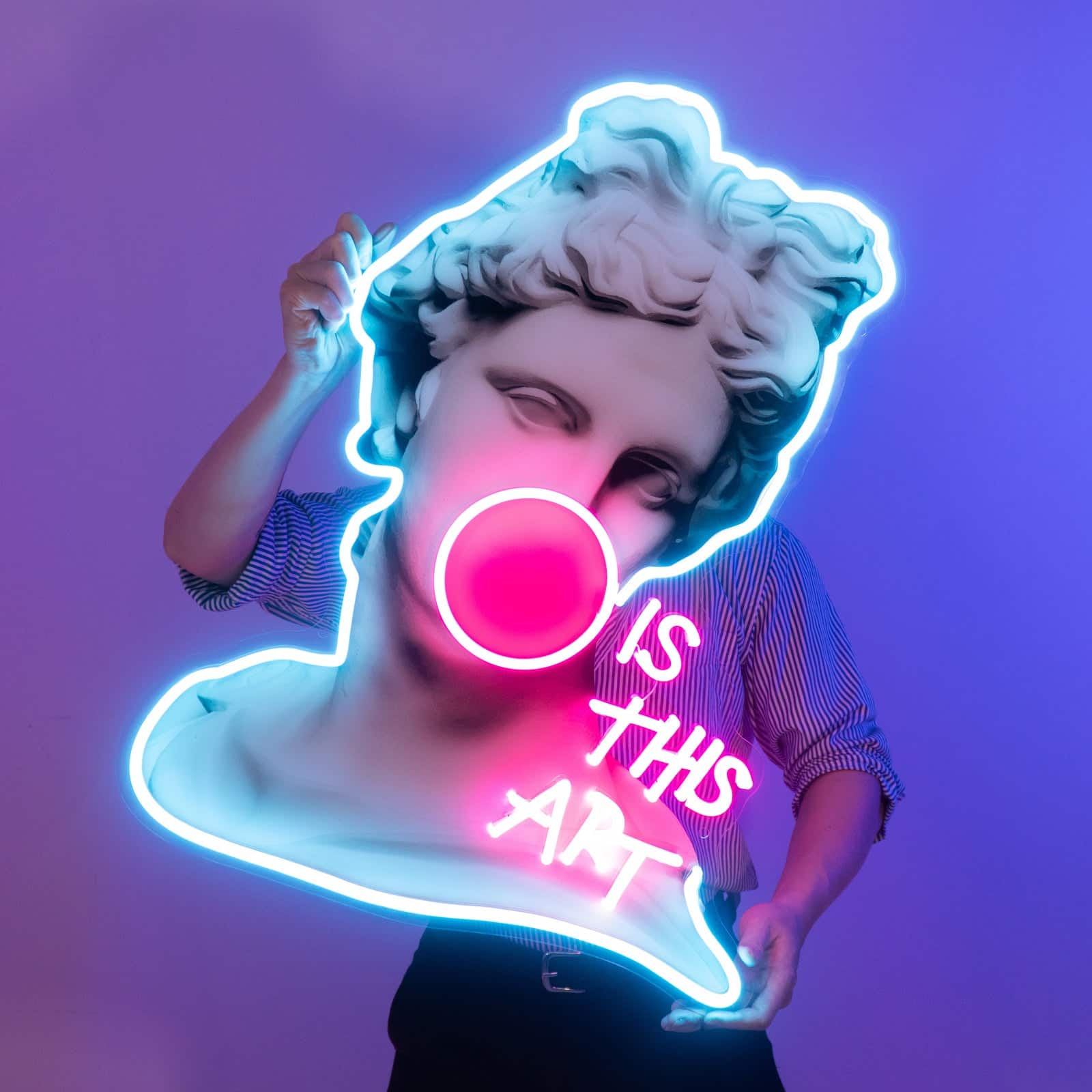 Contemporary Art Neon Sign, Classical Bust with Bubblegum and 'Is This Art'