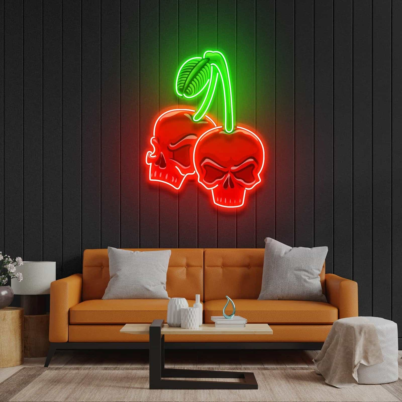 Edgy Cherry Skull Neon Sign Vibrant Red and Green Design Perfect for Bars Game Rooms Tattoo Parlors and Creative Studios