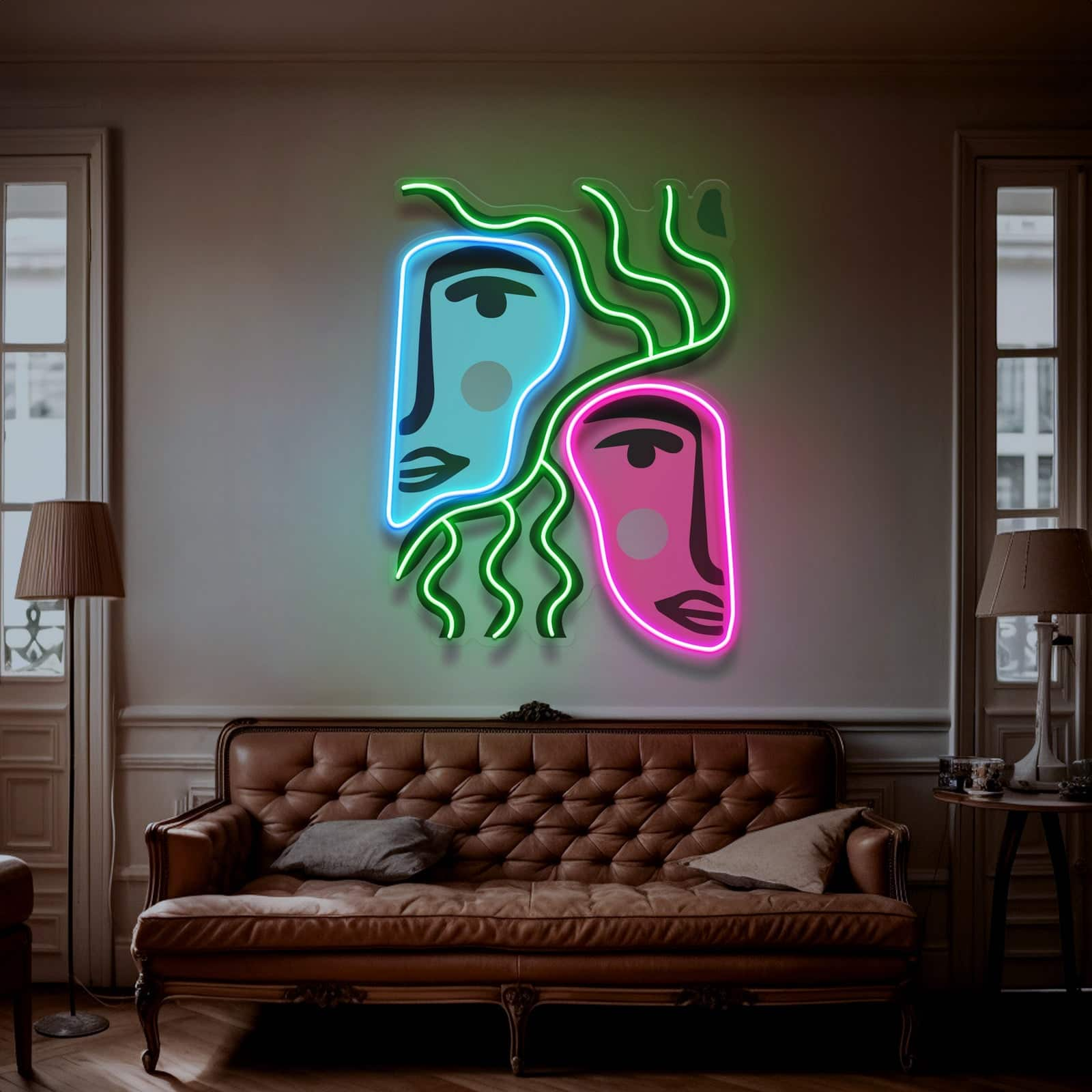 Abstract Faces Neon Sign – Modern Artistry & Vibrant Colors for Living Rooms, Studios, Cafes, & Galleries