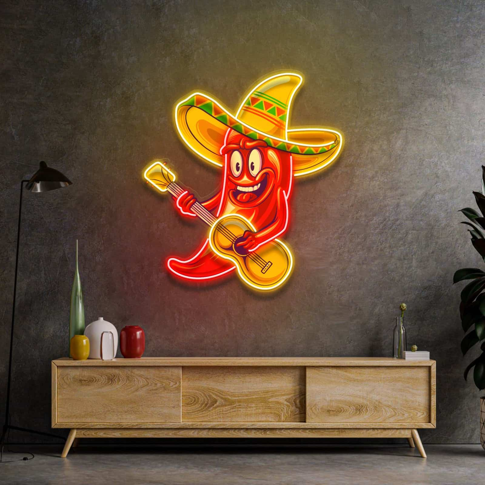 Whimsical Chili Pepper Guitar Neon Sign for Restaurants Bars and Kitchens