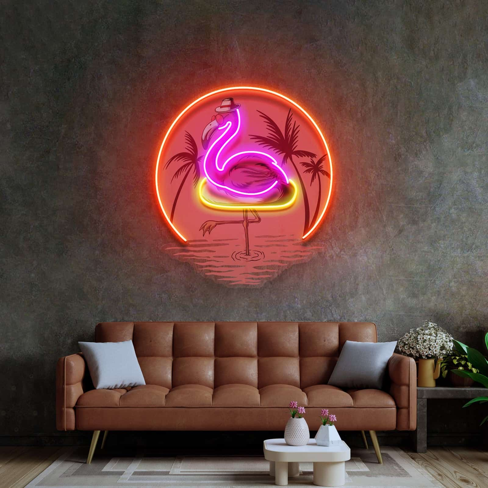 Tropical Flamingo Neon Sign with Sunset and Palm Trees for Bars and Patios