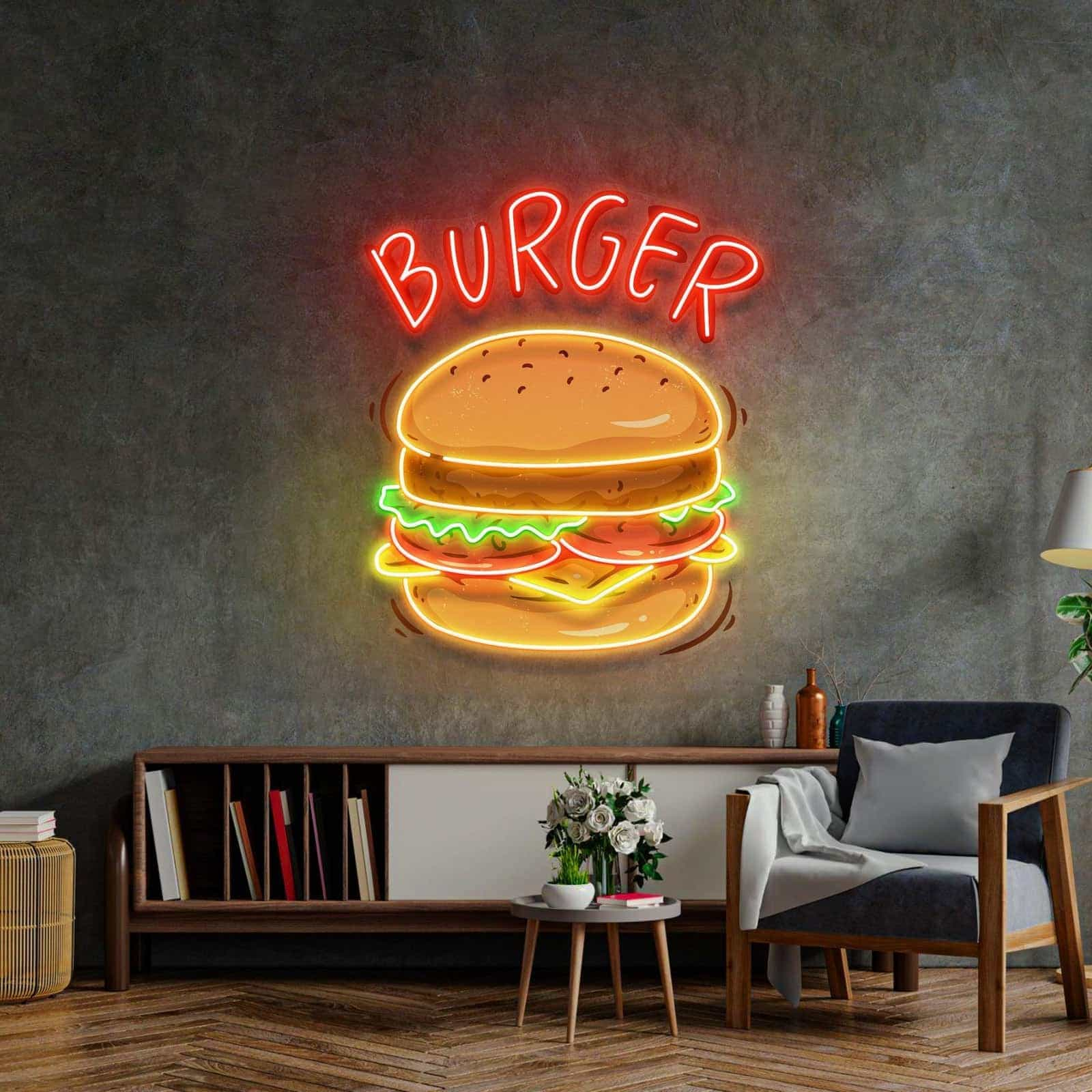 Vibrant Burger Neon Sign Playful Design for Diners Cafes Kitchens