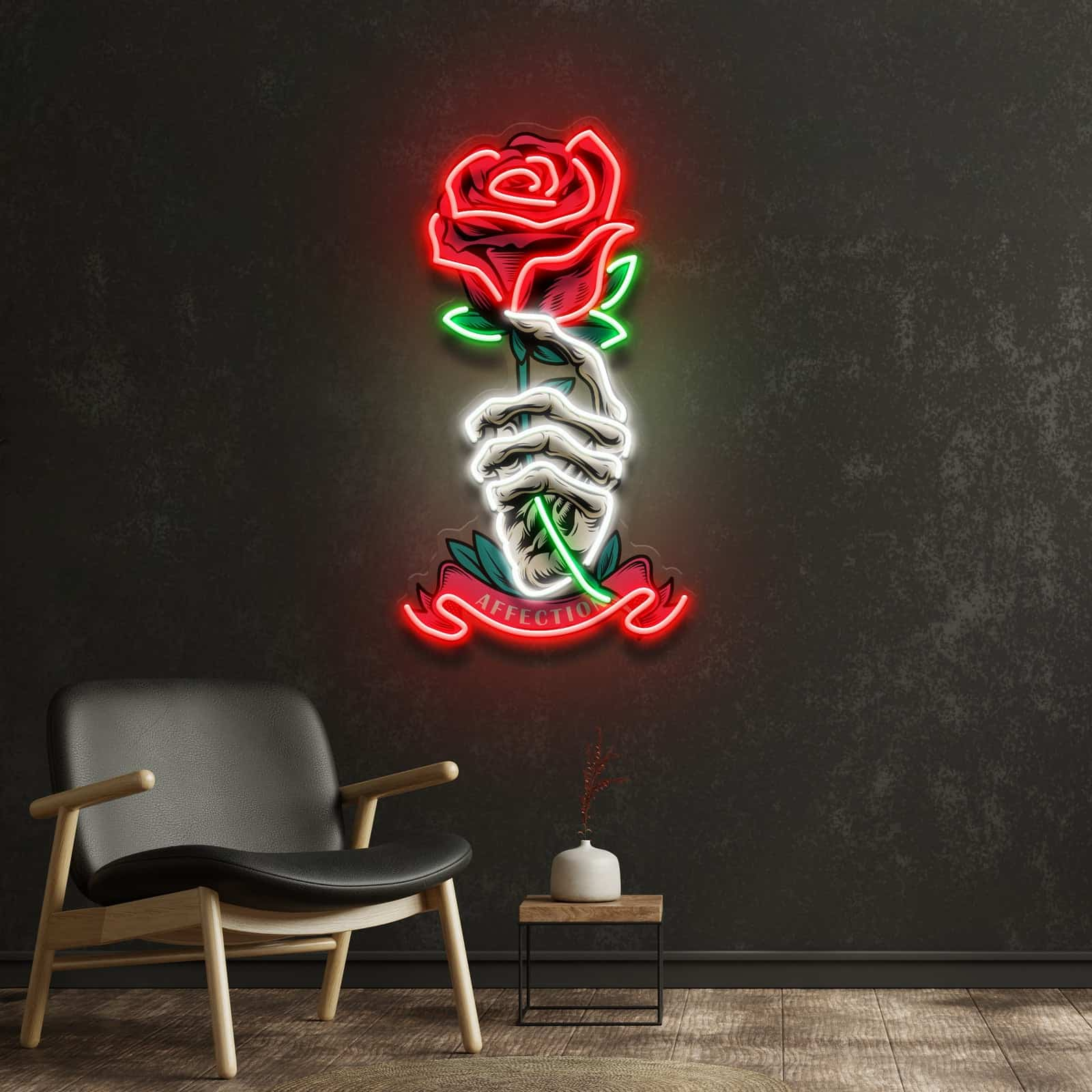 Skeletal Hand with Rose Neon Sign Striking Design for Home Bars Studios