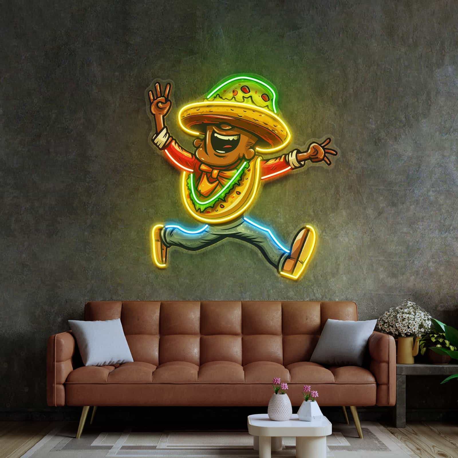 Taco Costume Neon Sign Playful Character Design for Mexican Restaurants Kitchens Bars