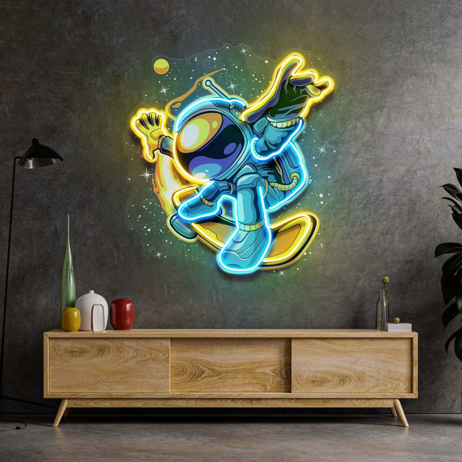 Cartoon Astronaut Neon Sign ¨C Vibrant Yellow, Blue & Green LED Art for Kids' Rooms, Play Areas, and Themed Decor