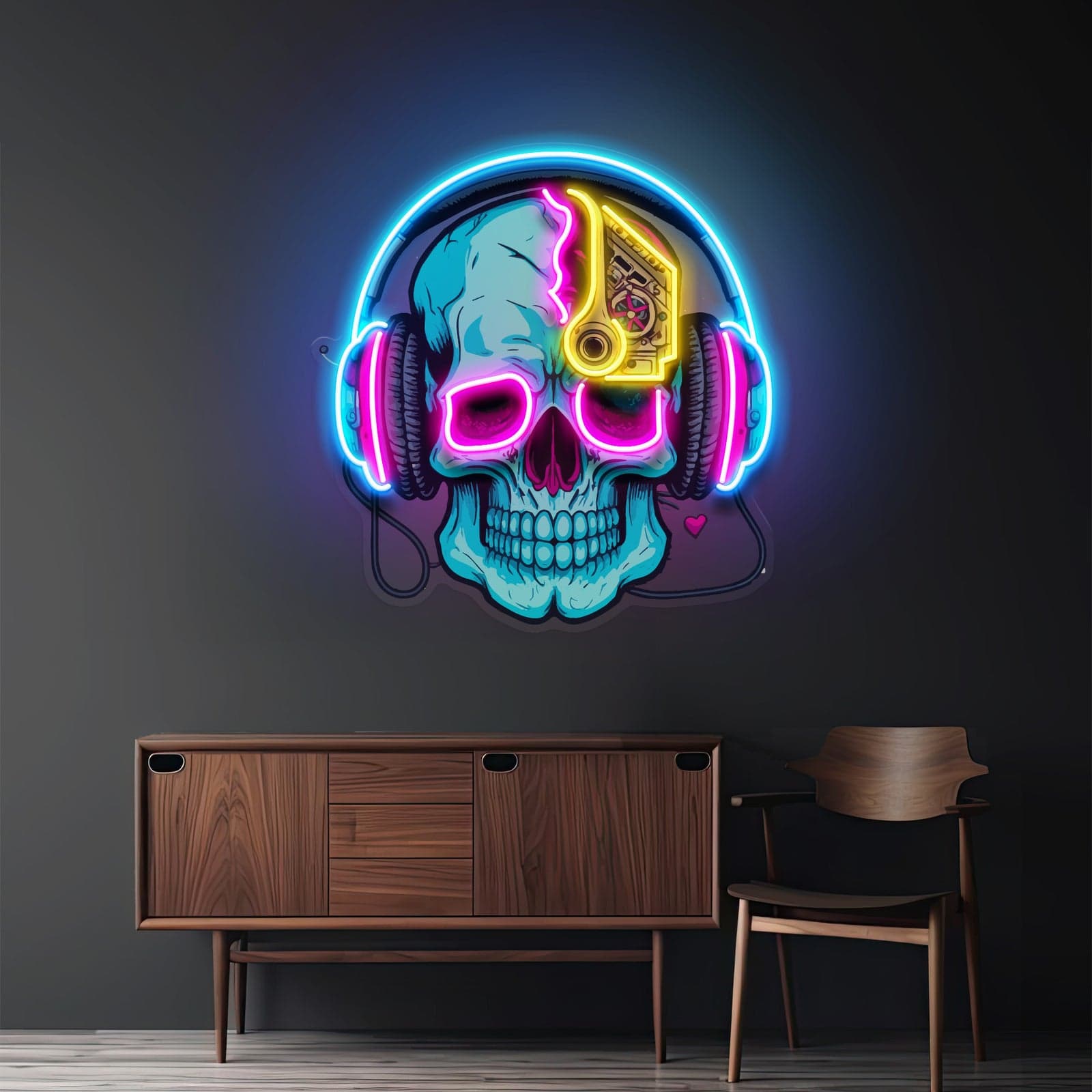 Skull & Headphones Neon  Sign – Futuristic Eye Patch Design for Game Rooms, Music Studios, & Bars