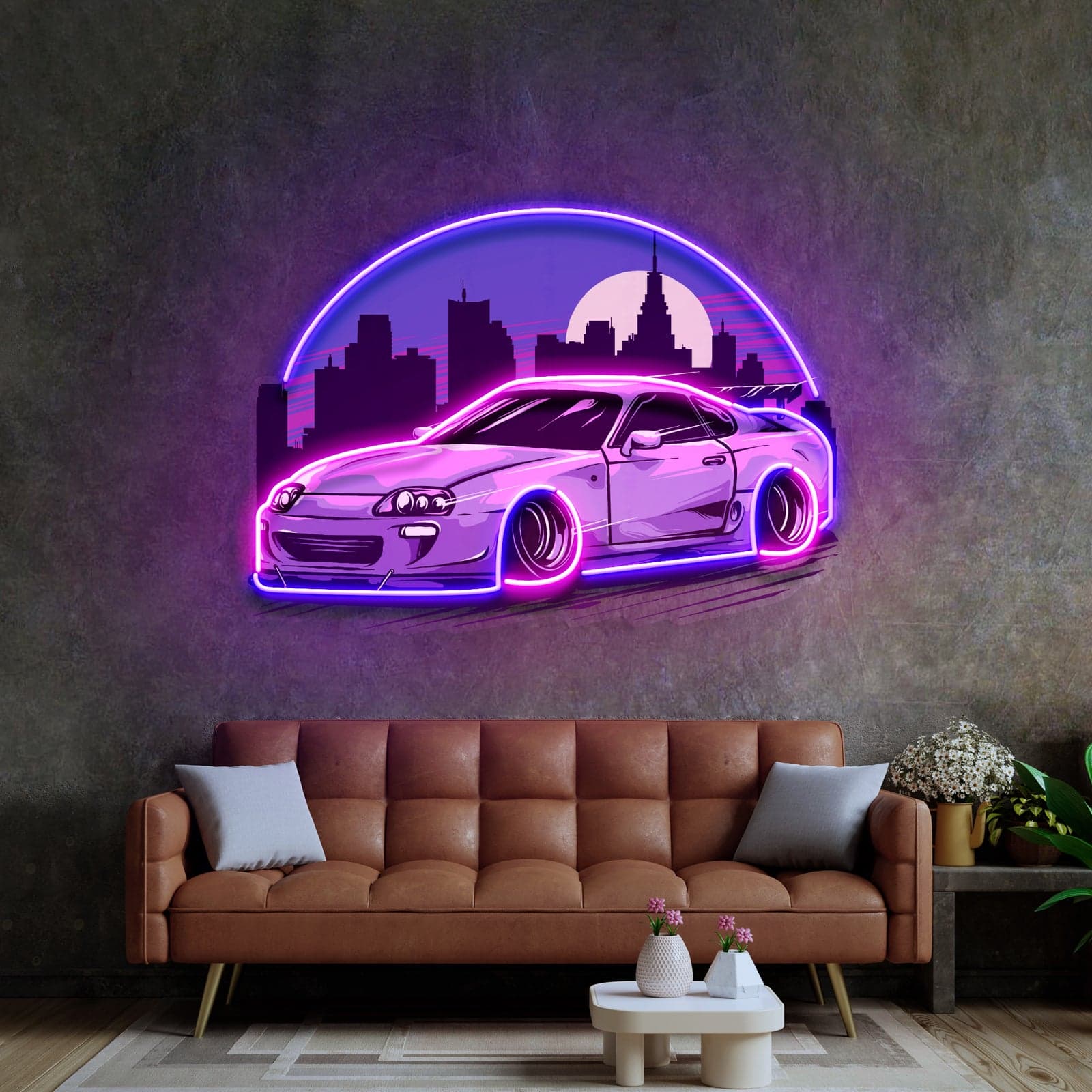 Urban Sports Car Neon Sign, Vibrant City Skyline – Perfect for Garages, Game Rooms, and Modern Spaces