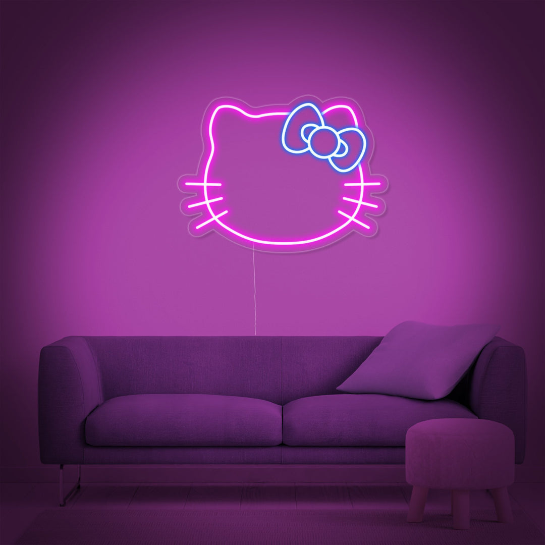 Cartoon Cat Neon Sign Playful Design with Pink Outline and Blue Bow for Children’s Rooms and Creative Spaces