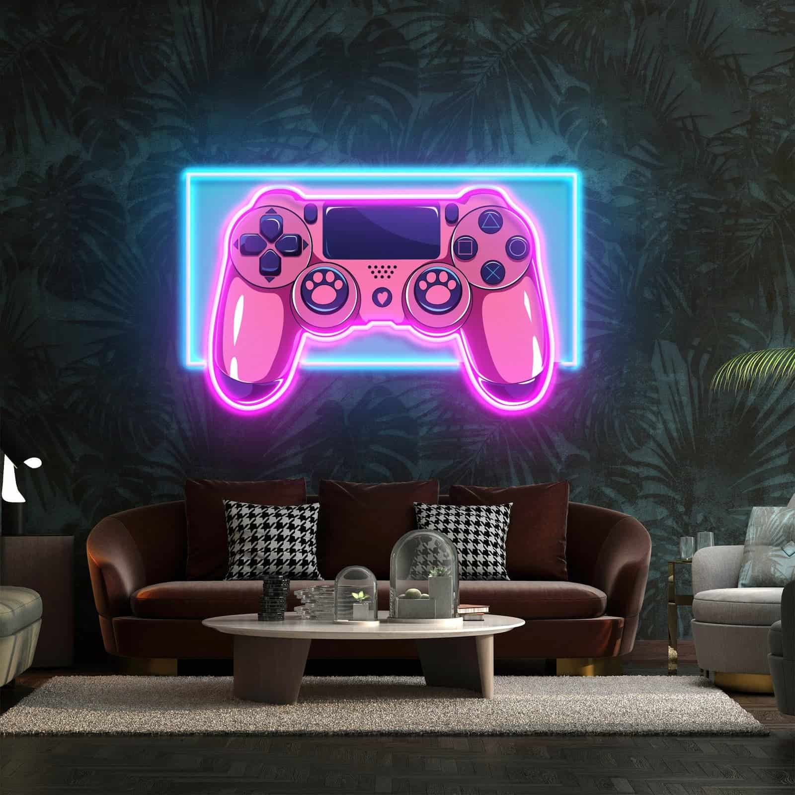 Playful Gaming Neon Sign Pink Controller with Paw Print, Perfect for Gaming Rooms, Entertainment Areas, and Gamer Setups