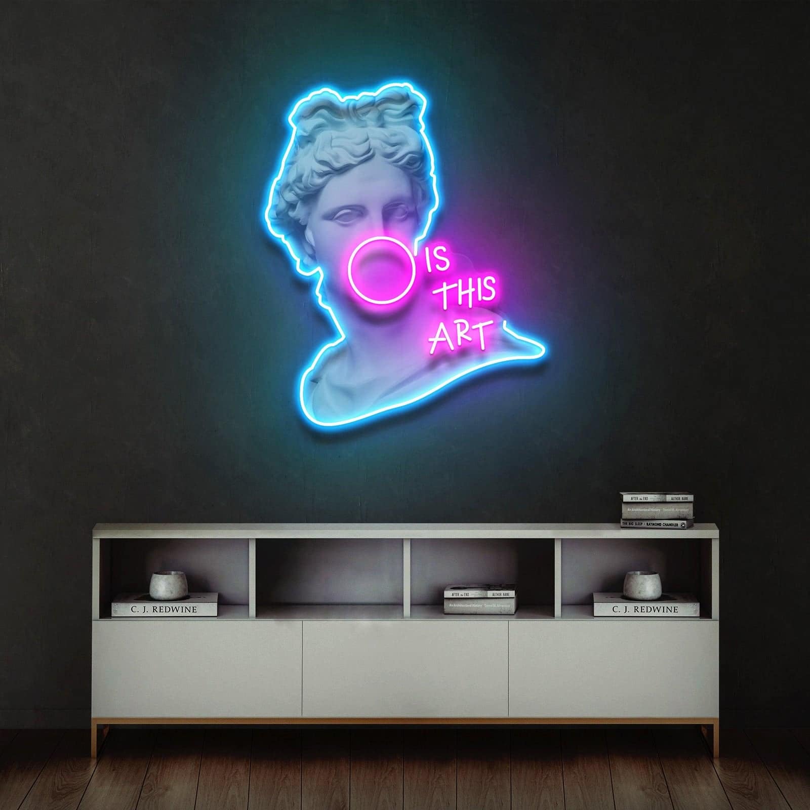 Contemporary Art Neon Sign, Classical Bust with Bubblegum and 'Is This Art'