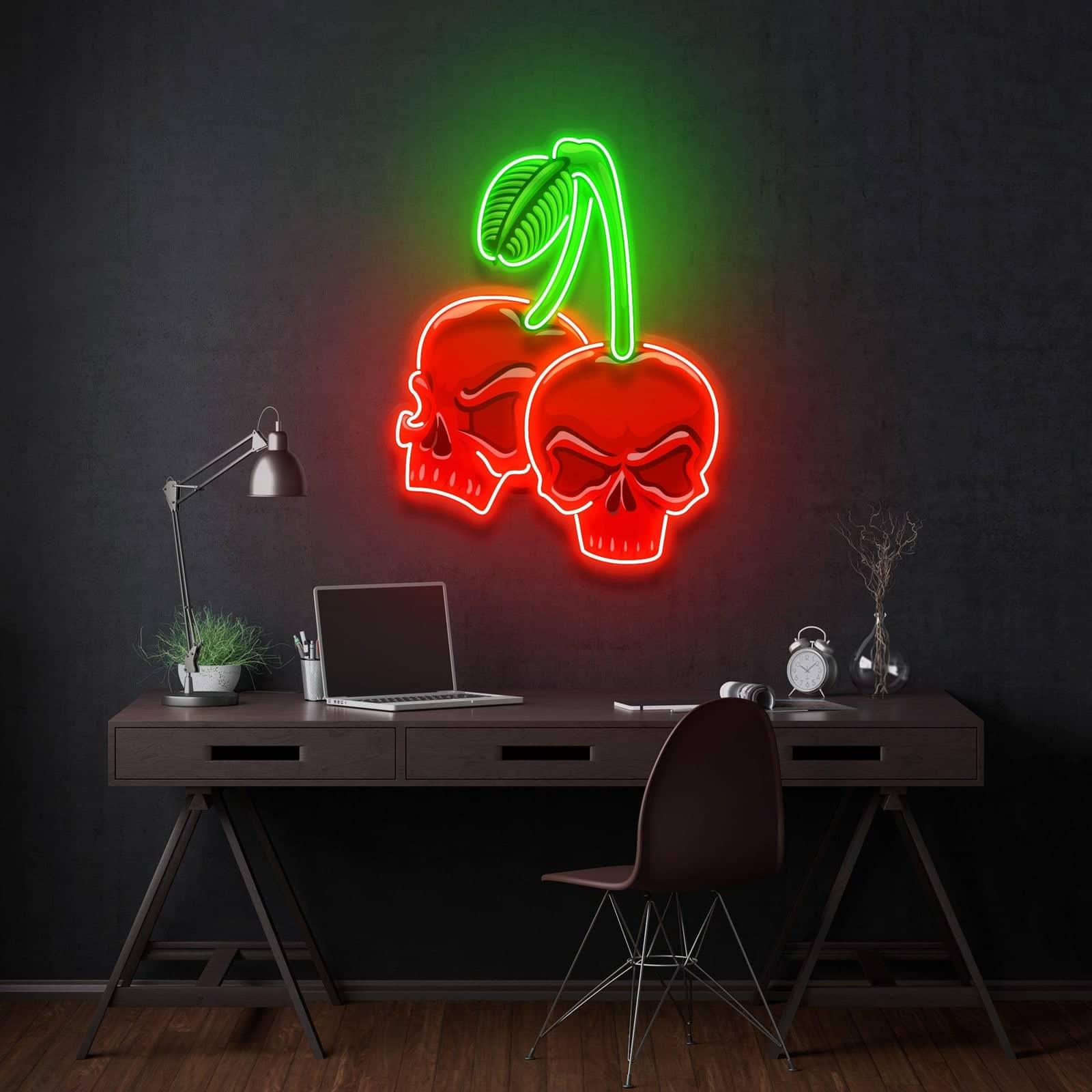 Edgy Cherry Skull Neon Sign Vibrant Red and Green Design Perfect for Bars Game Rooms Tattoo Parlors and Creative Studios