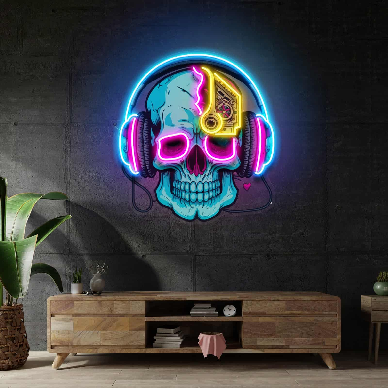 Skull & Headphones Neon  Sign – Futuristic Eye Patch Design for Game Rooms, Music Studios, & Bars