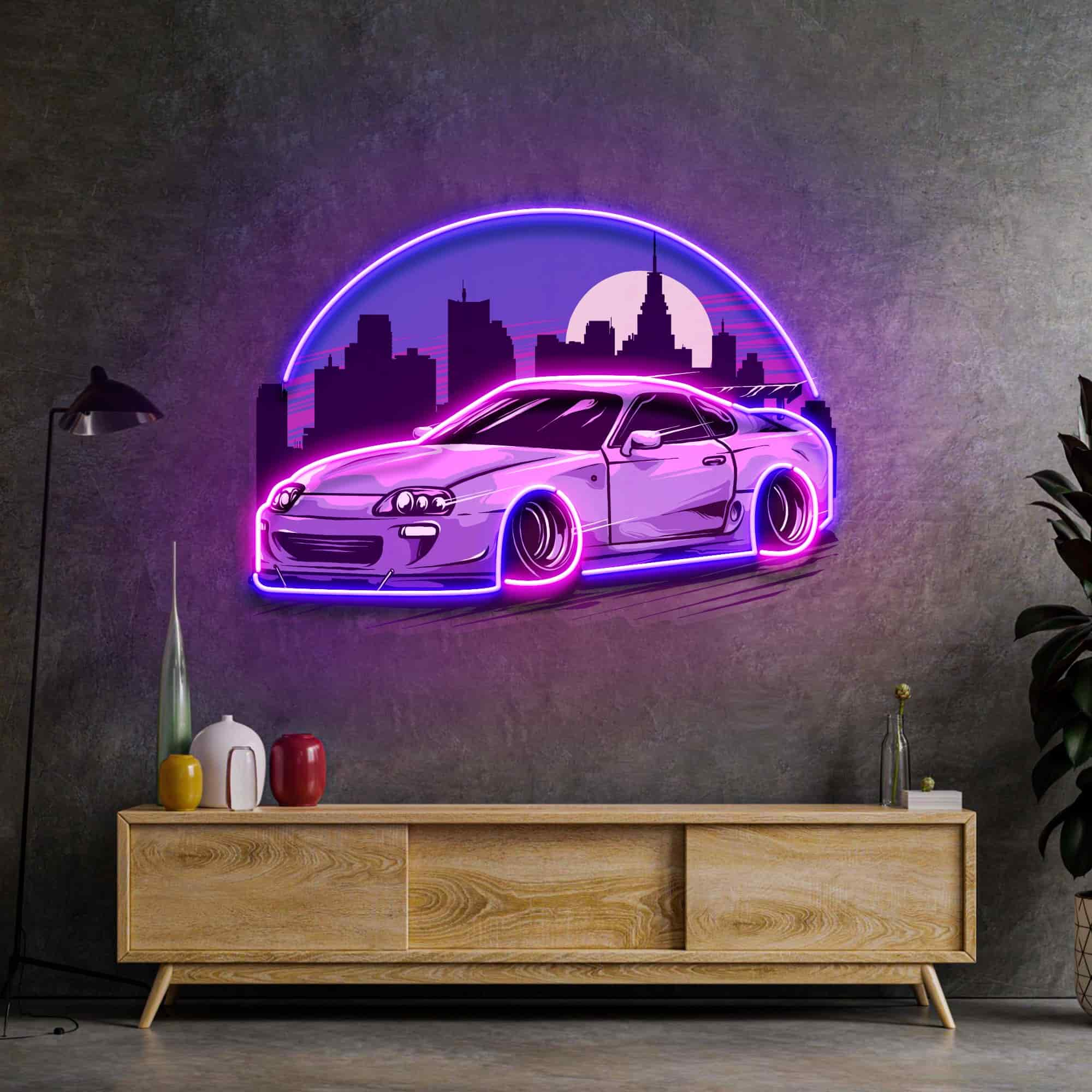 Urban Sports Car Neon Sign, Vibrant City Skyline – Perfect for Garages, Game Rooms, and Modern Spaces