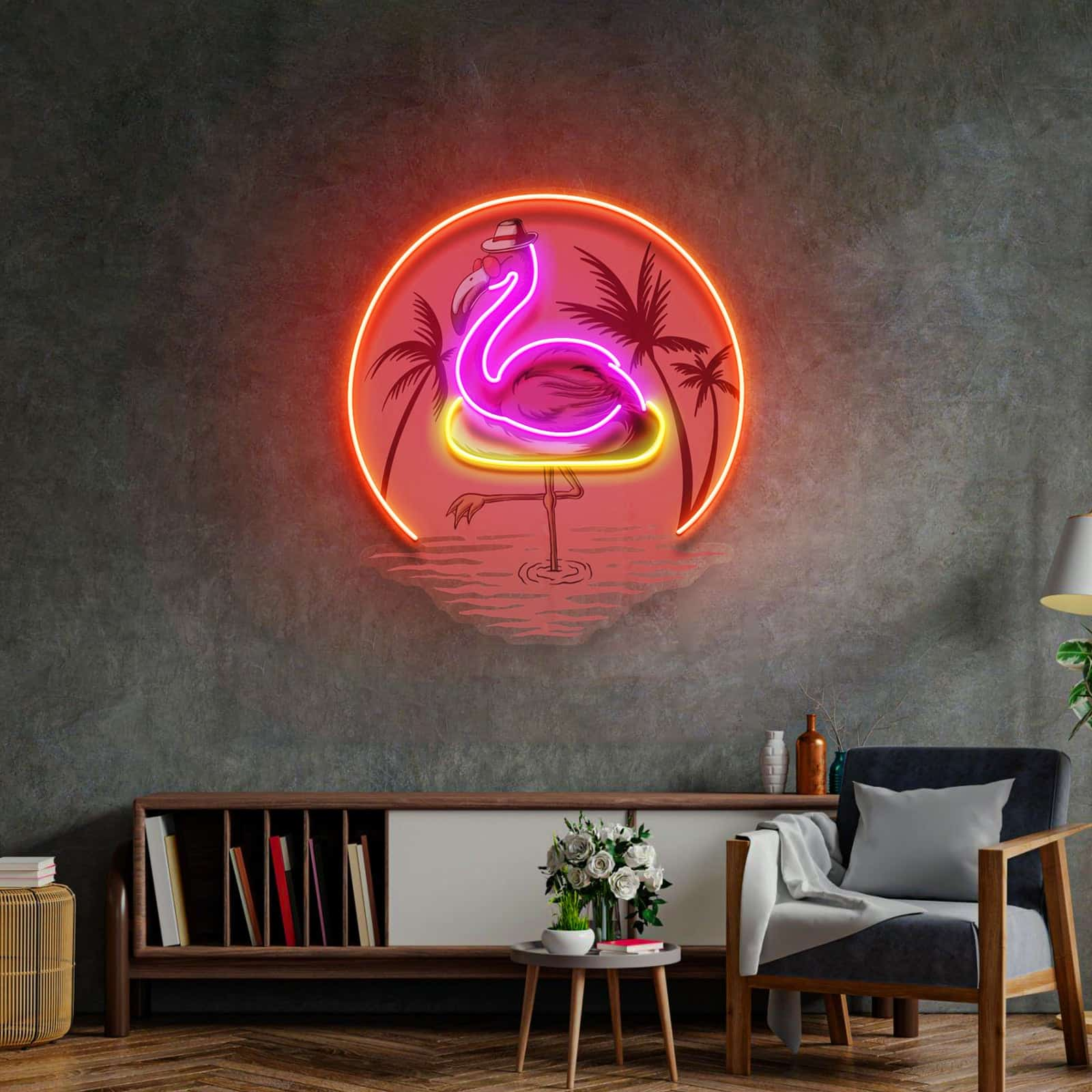 Tropical Flamingo Neon Sign with Sunset and Palm Trees for Bars and Patios