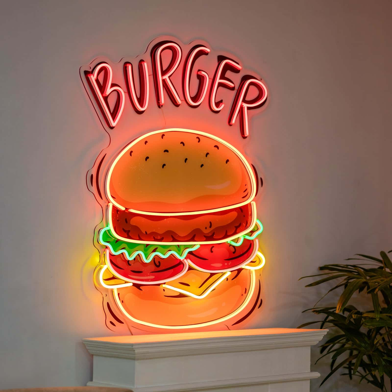 Vibrant Burger Neon Sign Playful Design for Diners Cafes Kitchens