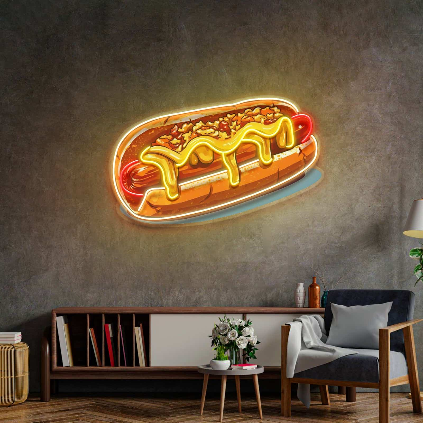 Hot Dog Neon Sign Fun Design with Mustard and Relish for Diners Cafes Kitchens