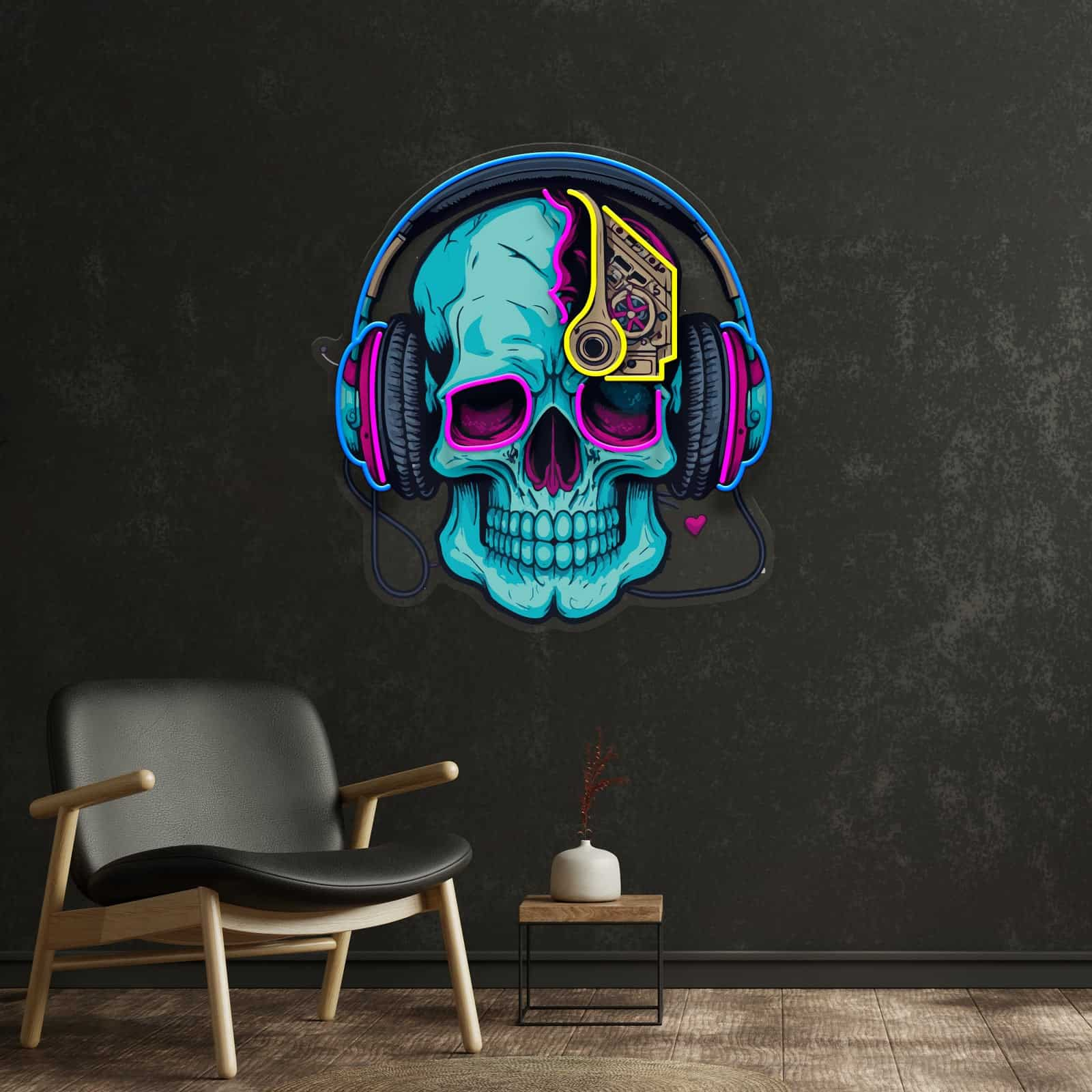 Skull & Headphones Neon  Sign – Futuristic Eye Patch Design for Game Rooms, Music Studios, & Bars