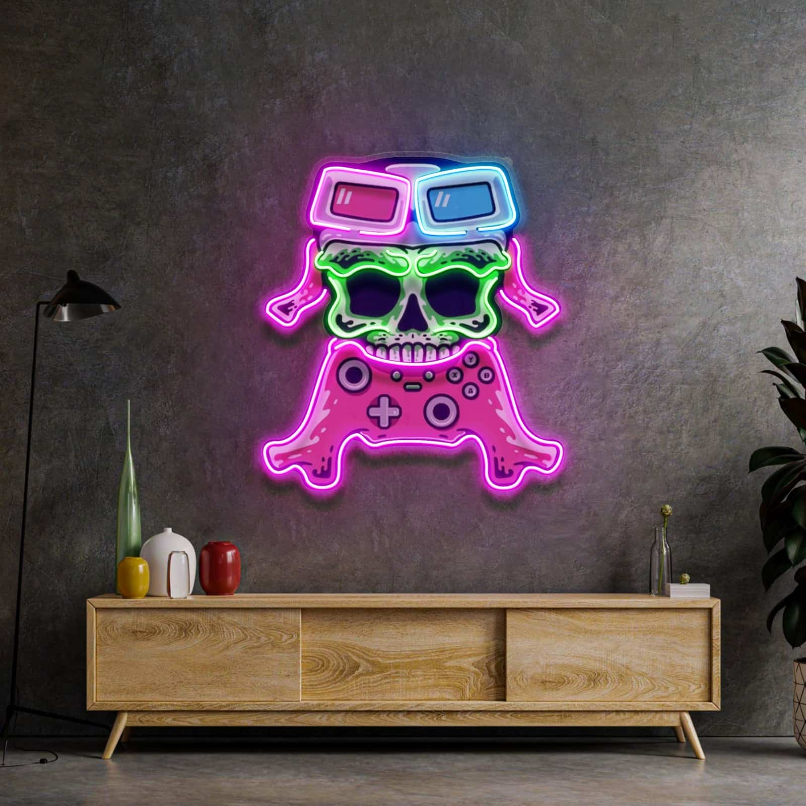 Gamer Skull Neon Sign Playful Design with Gaming Glasses and Controller for Game Rooms