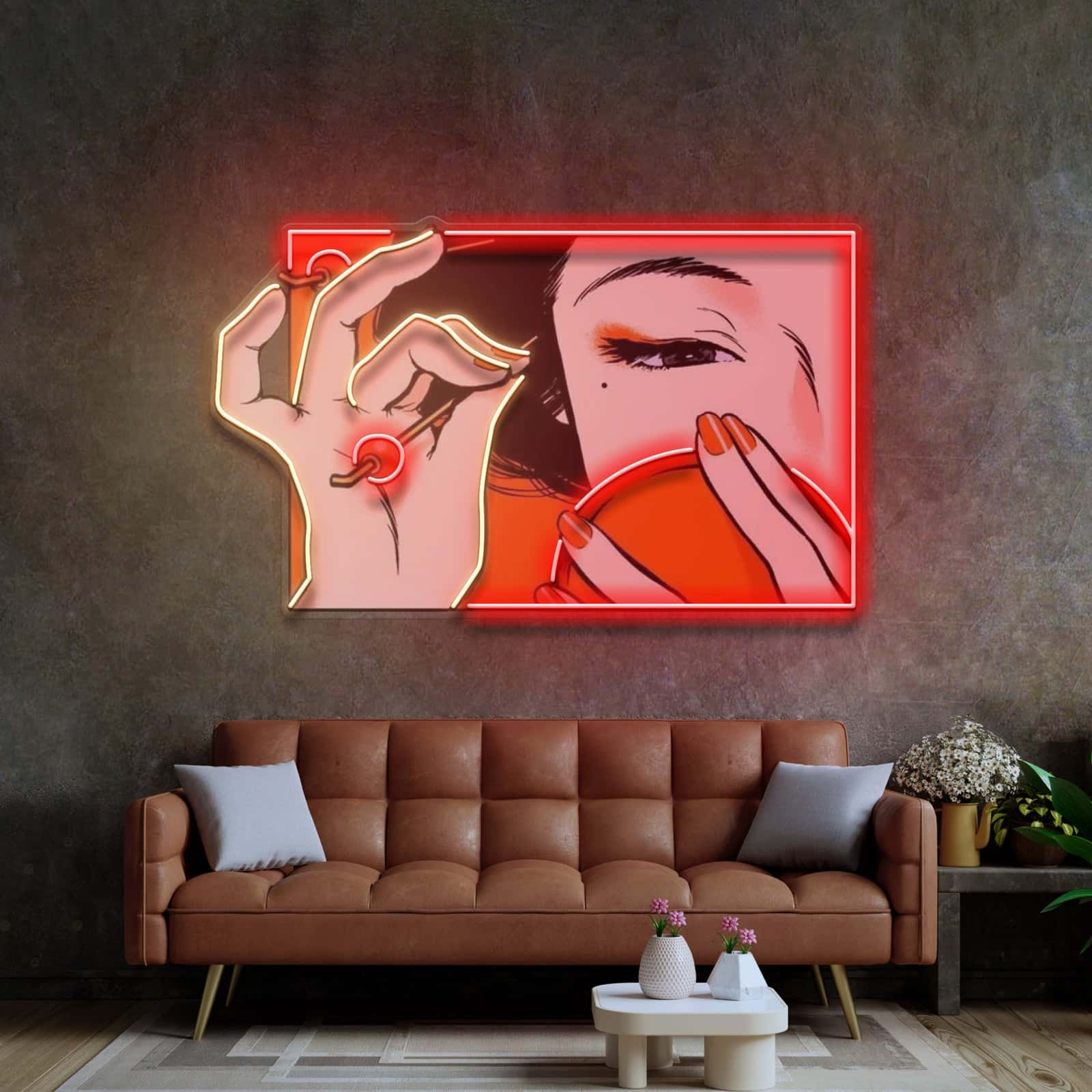 Artistic Neon Sign with Mysterious Woman and OK Gesture Vibrant Red Backdrop for Contemporary and Thought-Provoking Spaces