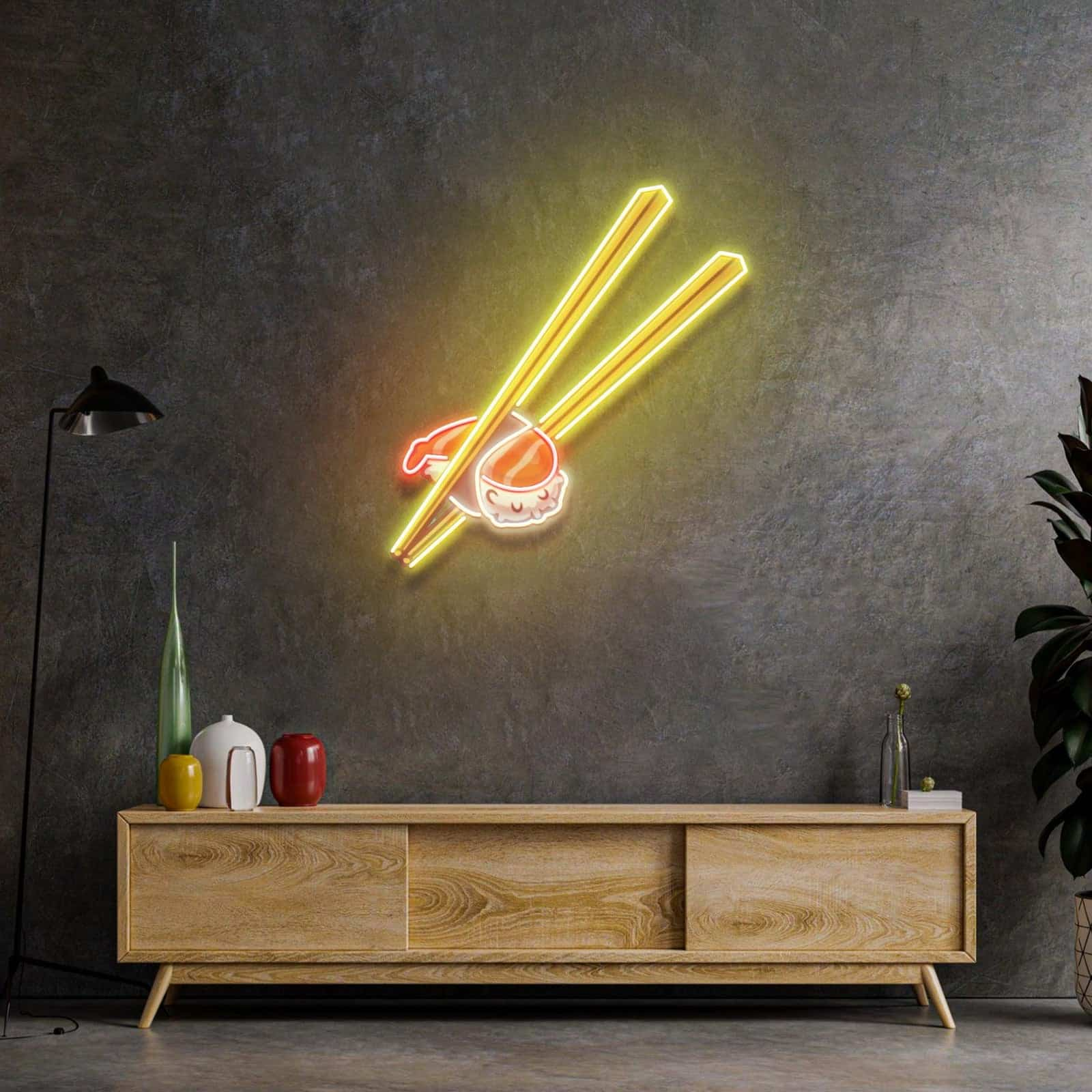 Sushi with Chopsticks Neon Sign – Striking Red and Yellow LED Art for Themed Rooms, Fantasy Decor, and Creative Spaces